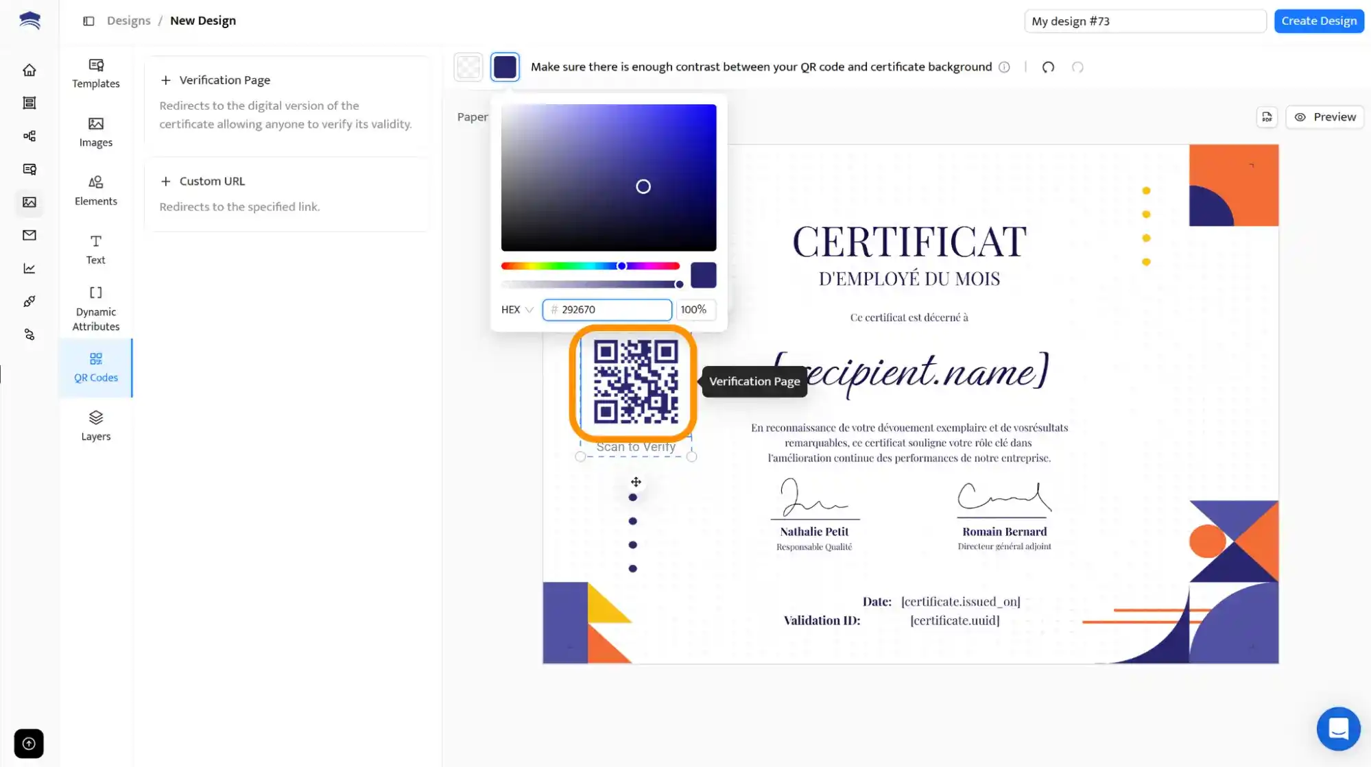 Un modèle de certificat avec QR code, conçu pour une émission rapide et une authentification sécurisée. Un modèle de certificat avec QR code, conçu pour une émission rapide et une authentification sécurisée.