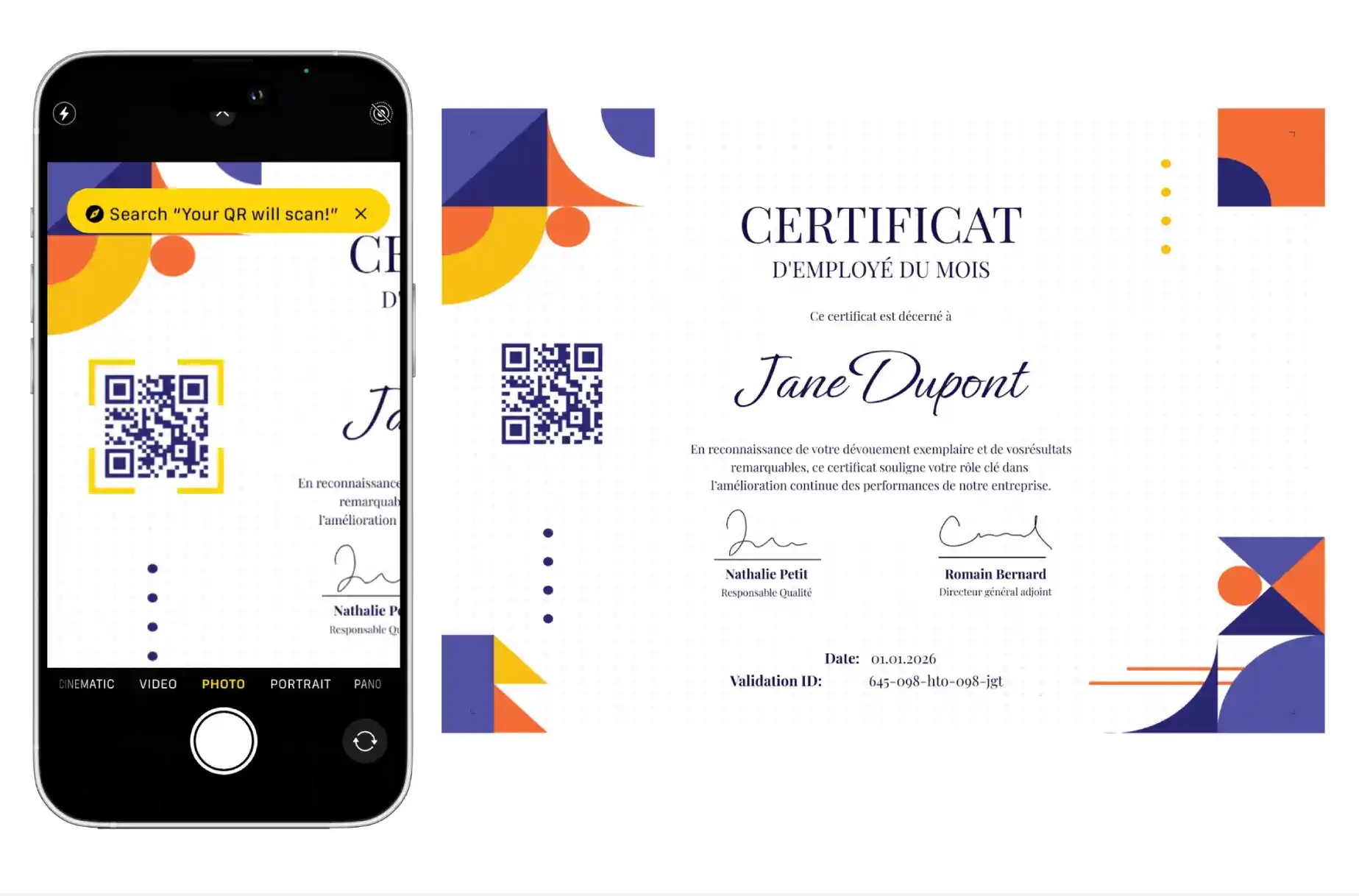 Interface de création d’un certificat avec QR code, mettant en évidence les options de personnalisation. Interface de création d’un certificat avec QR code, mettant en évidence les options de personnalisation.