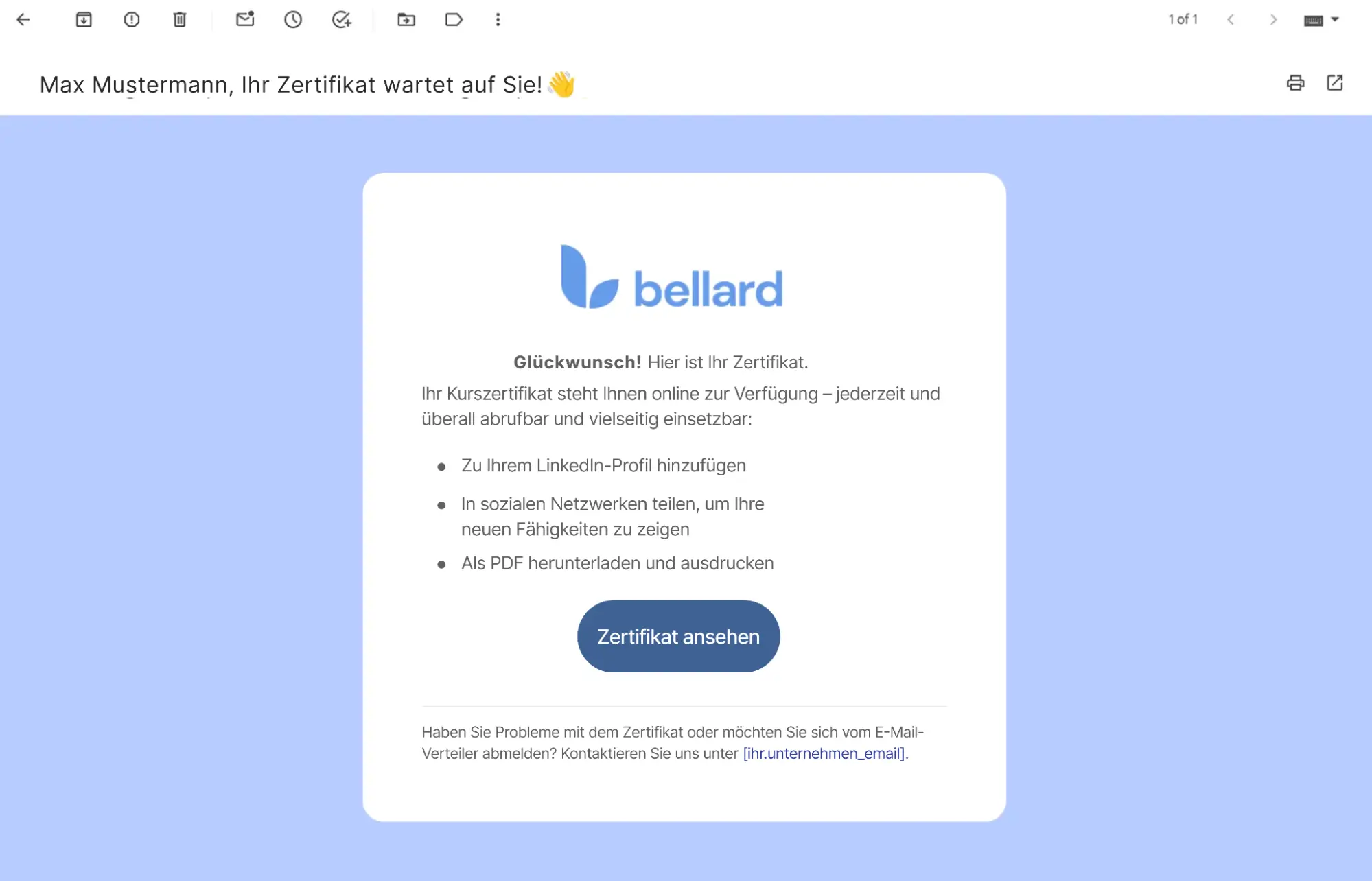 Benachrichtigungs-E-Mail mit digitalem Zertifikat, das online einsehbar, teilbar oder als PDF herunterladbar ist.