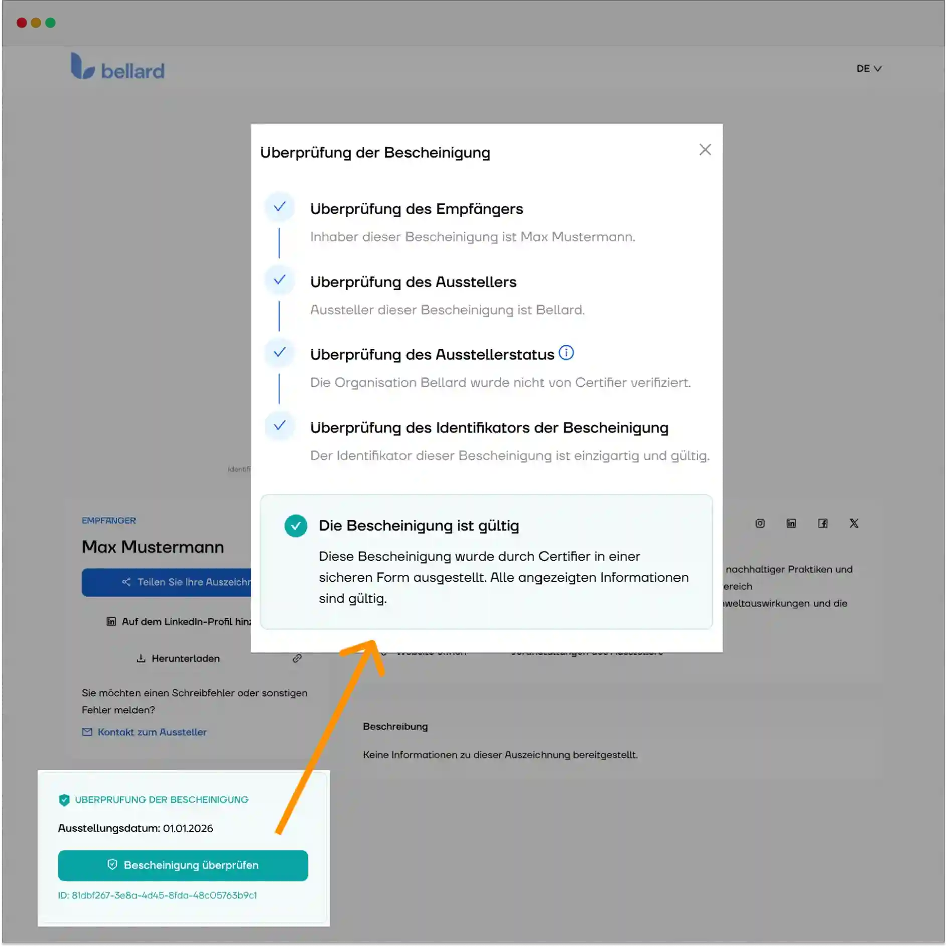 Verifizierungsfenster für digitales Abzeichen mit Informationen zur Gültigkeit, Empfänger, Aussteller und Identifikator.