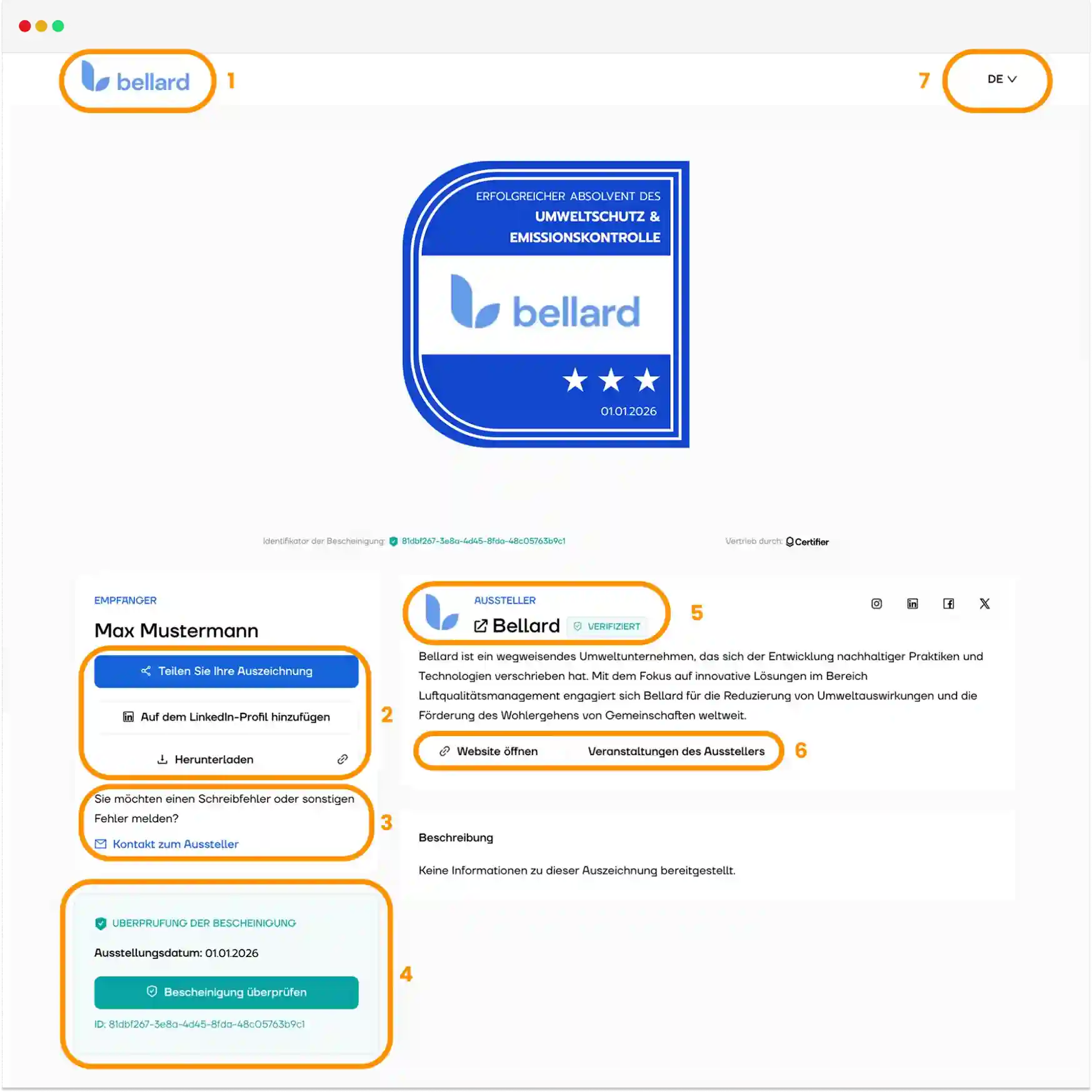 Darstellung einer digitalen Brieftasche mit digitalem Abzeichen, Badge-Verifizierung, Freigabeoptionen und Spracheinstellungen.