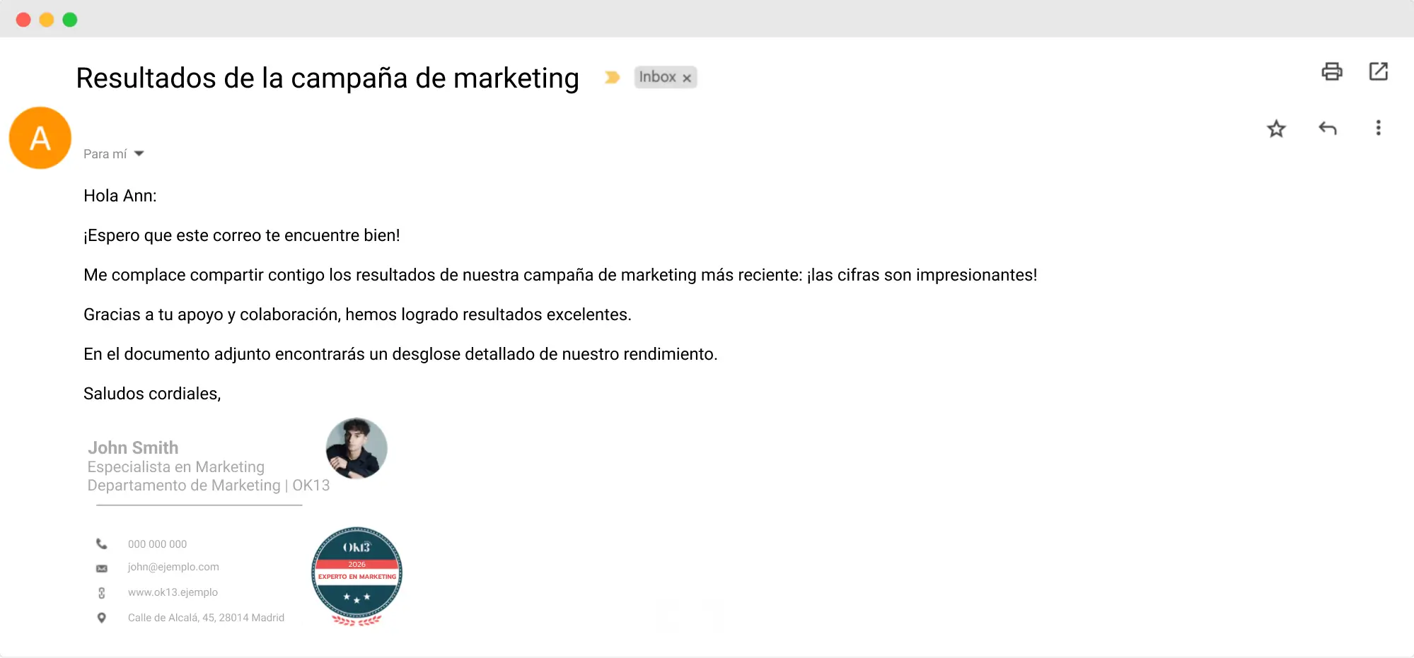 Correo electrónico con el asunto 'Resultados de la campaña de marketing', donde un especialista en marketing agradece la colaboración y comparte un informe adjunto con los resultados obtenidos.