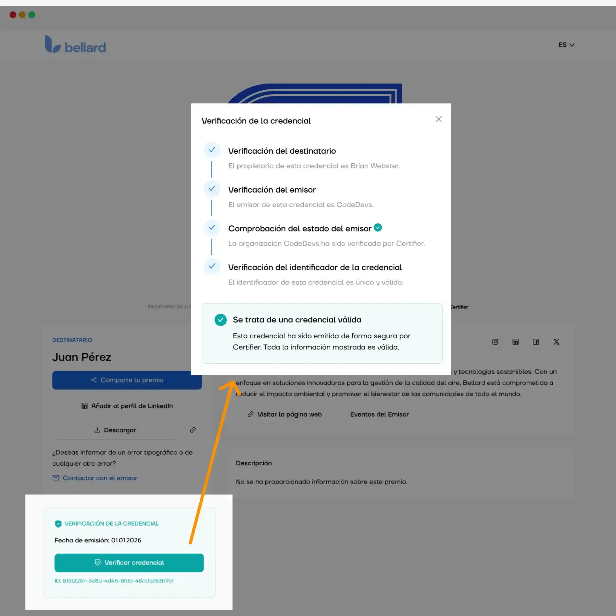 Ventana de verificación de una insignia digital con datos sobre validez, emisor y destinatario, dentro de la billetera digital de Certifier.