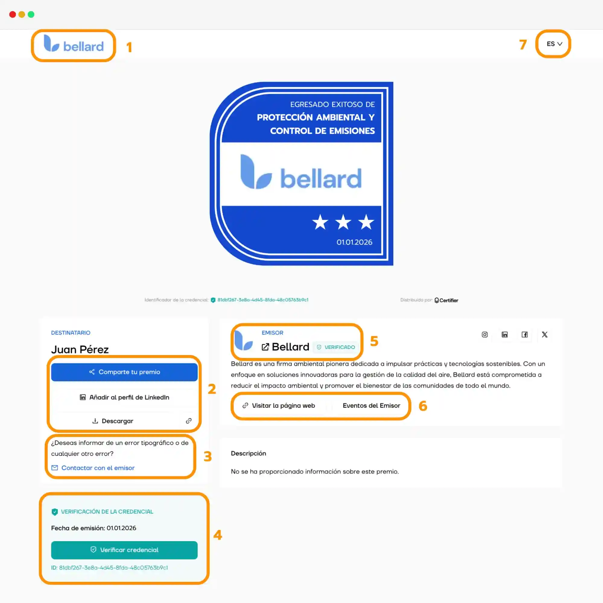 Vista de una billetera digital con una insignia digital, opciones de verificación de credenciales, configuración de idioma y herramientas para compartir.