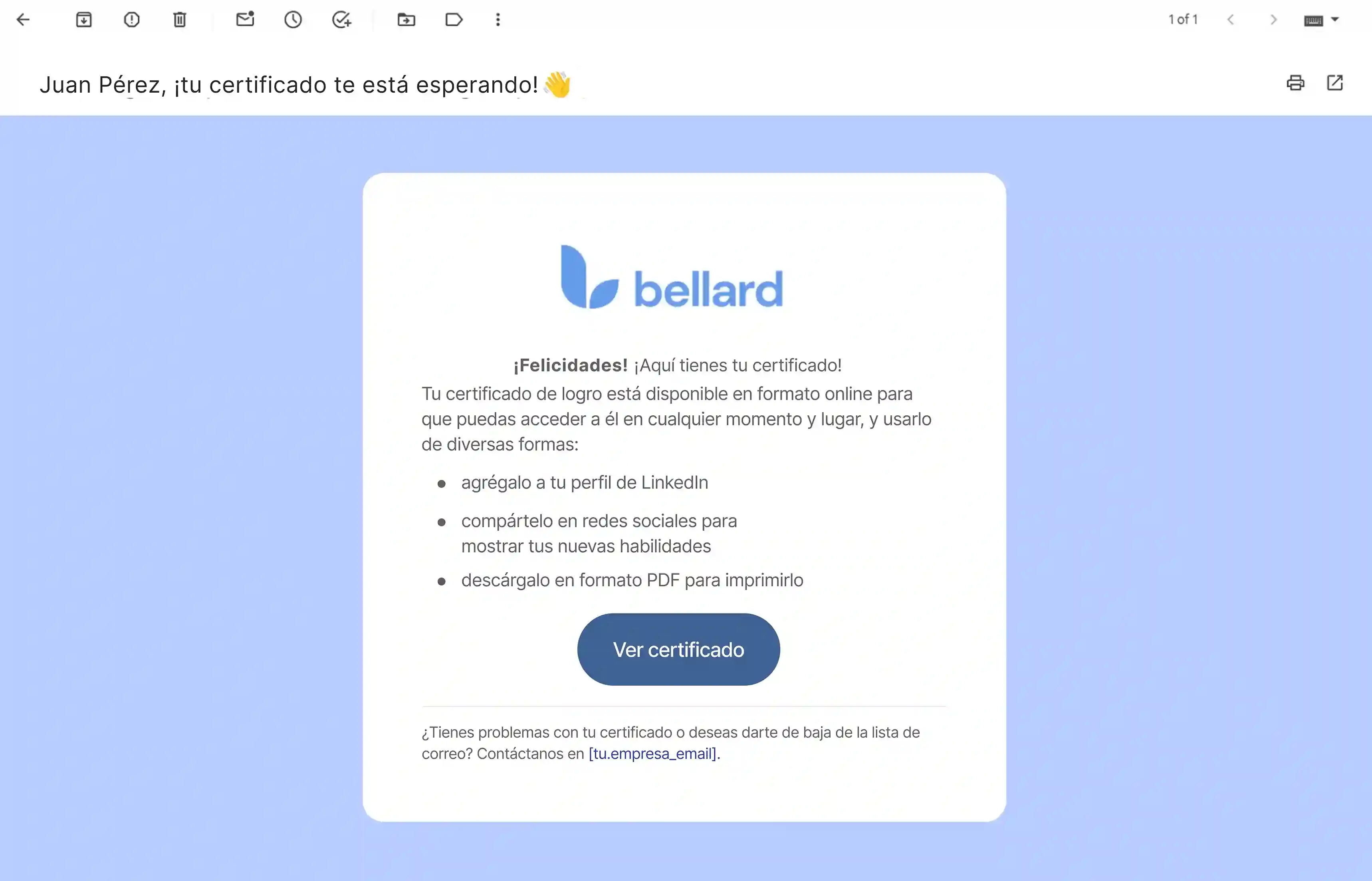 Correo de notificación con certificado digital que se puede ver en línea, compartir o descargar como PDF; Una forma práctica de gestionar tus credenciales digitales