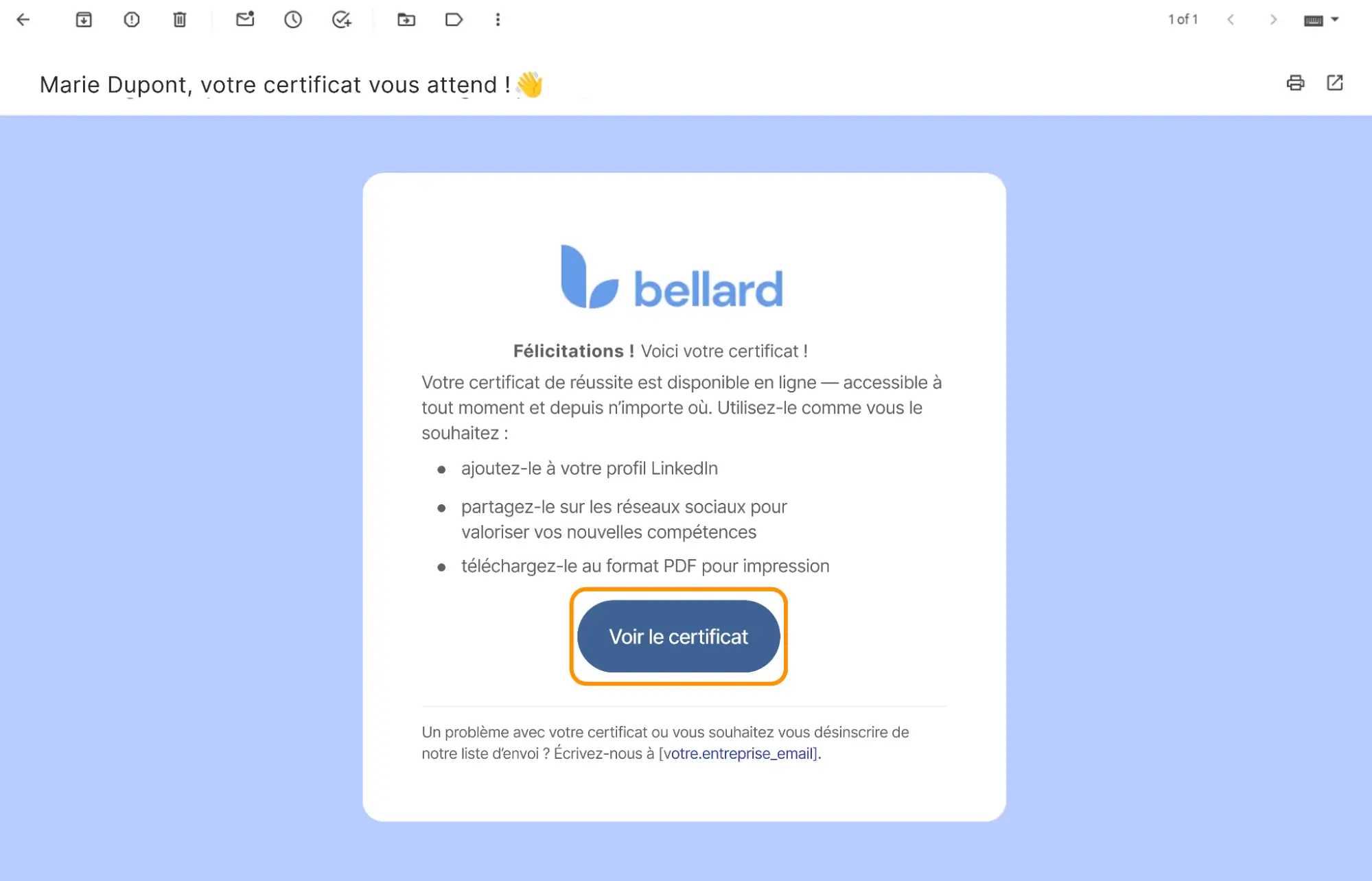  E-mail de notification confirmant l’émission d’un badge numérique par Bellard, avec options de partage et téléchargement.