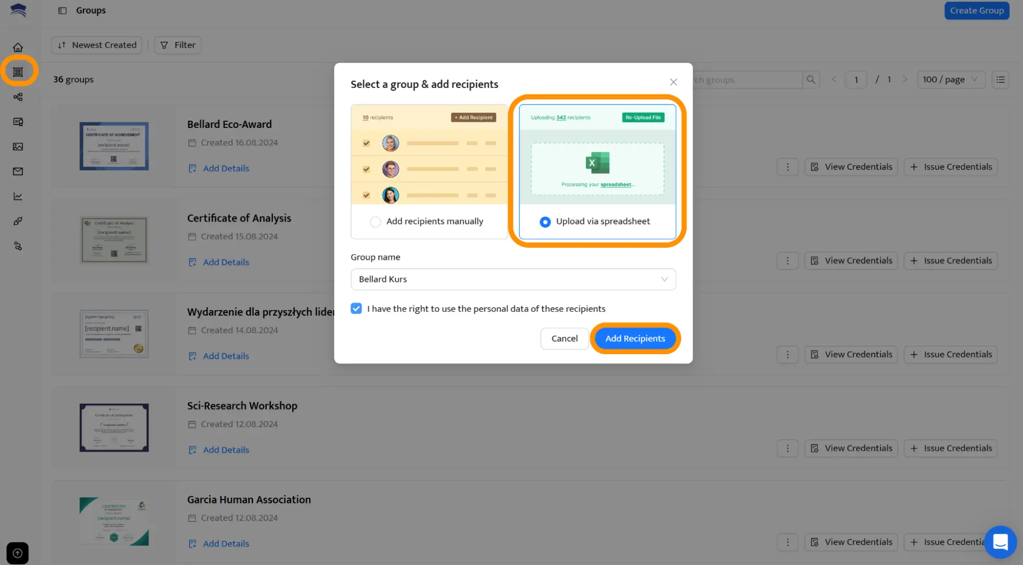Interface Certifier permettant d’ajouter des destinataires à une campagne de badges numériques via import de fichier Excel.