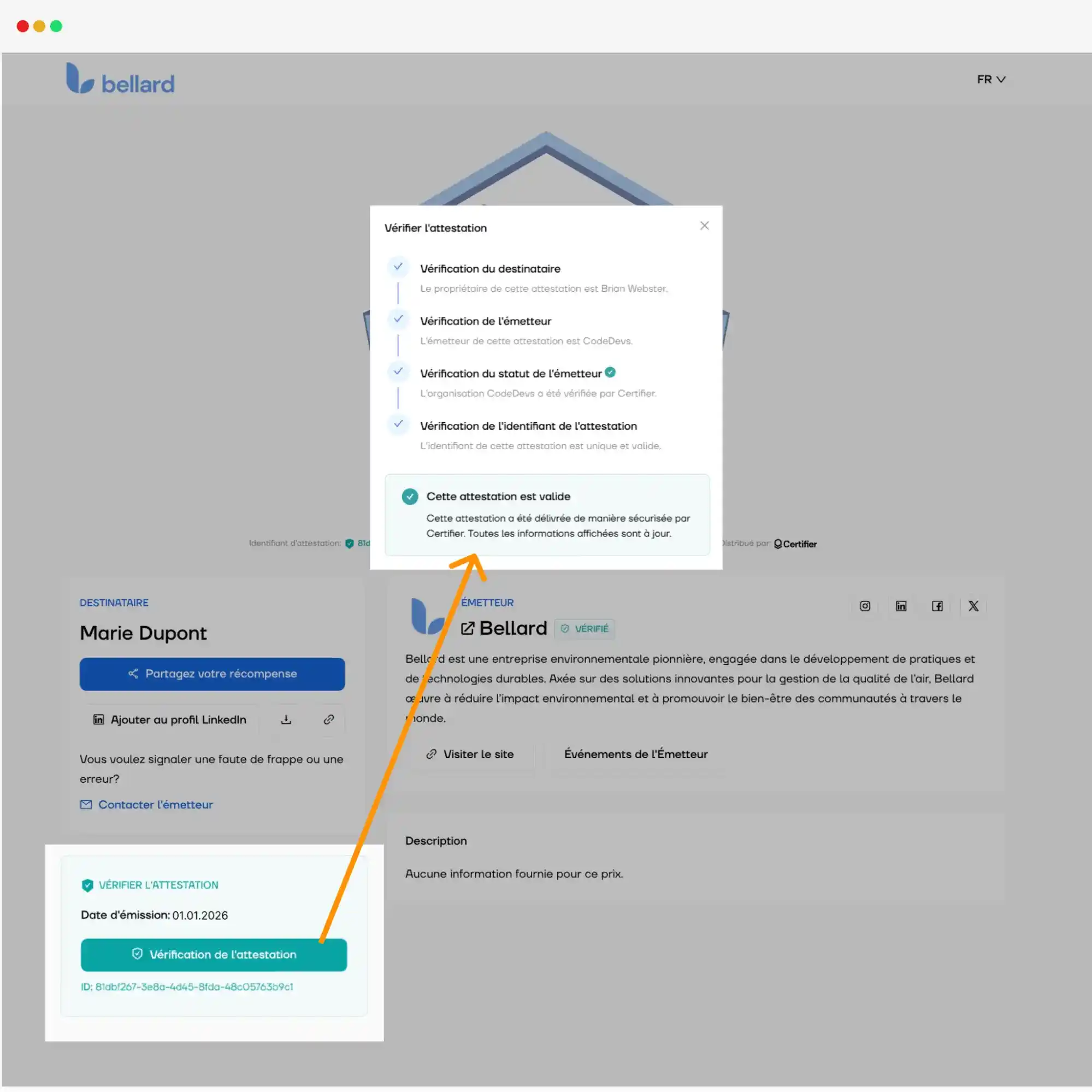 Fenêtre de vérification affichant les étapes de validation d’un badge numérique émis via Certifier, avec confirmation de validité.