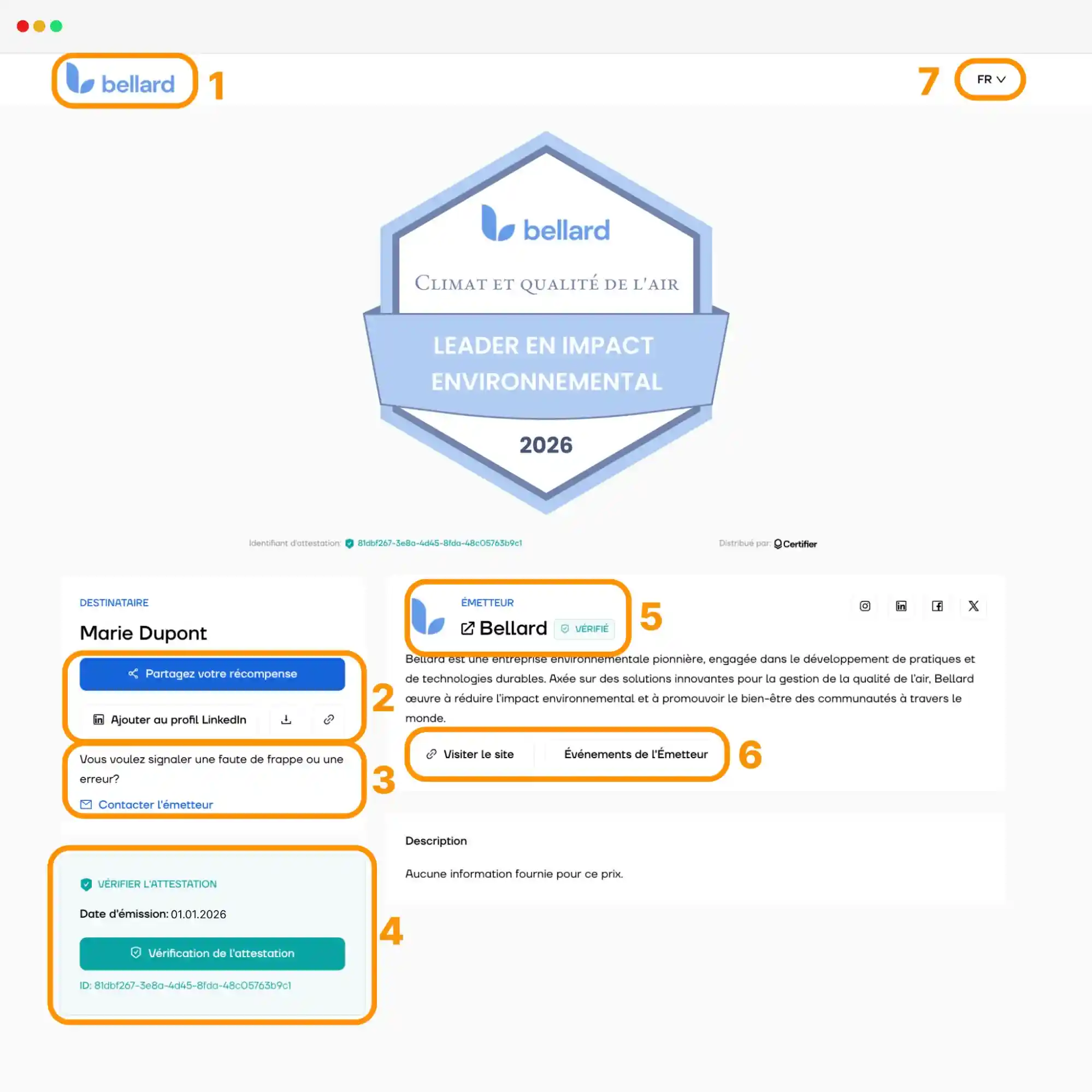 Page de badge numérique affichant les détails de l’émetteur, la vérification de l’attestation et l’option de partage.
