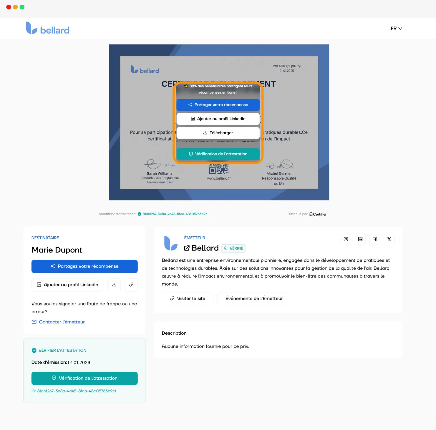Exemple de certificat affiché avec des options de partage et vérification sur la plateforme Certifier — solution de certifications numériques. Exemple de certificat affiché avec des options de partage et vérification sur la plateforme Certifier — solution de certifications numériques.
