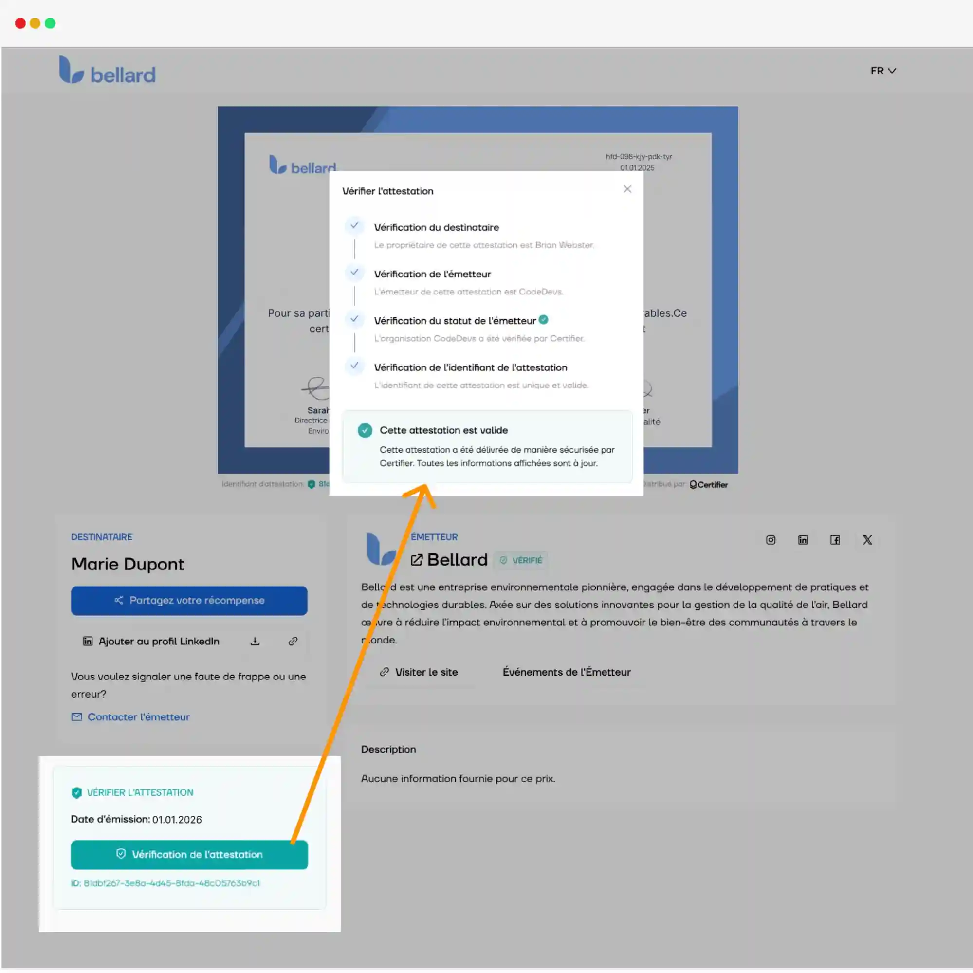 Processus de vérification de l’attestation via Certifier, garantissant l’authenticité des certifications numériques. Processus de vérification de l’attestation via Certifier, garantissant l’authenticité des certifications numériques.