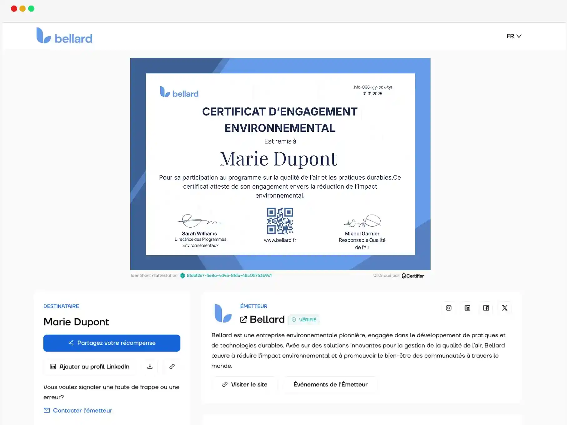 Vue détaillée d’un certificat environnemental délivré par Bellard à travers la plateforme de certifications numériques Certifier. Vue détaillée d’un certificat environnemental délivré par Bellard à travers la plateforme de certifications numériques Certifier.