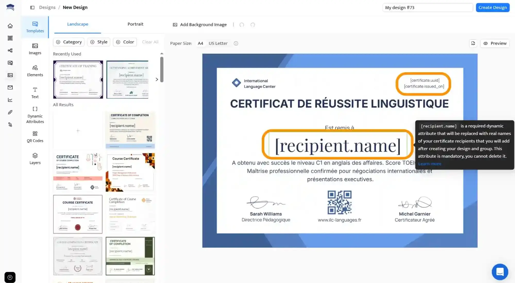 Interface de création de certificat dans Certifier pour générer des certifications de compétences numériques. Interface de création de certificat dans Certifier pour générer des certifications de compétences numériques.