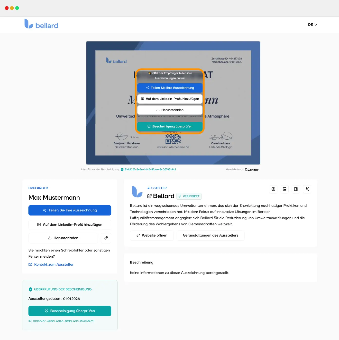 Verifizierungsseite für digitale Nachweise mit Zertifikat, Empfängerdaten und Optionen zum Teilen oder Herunterladen.