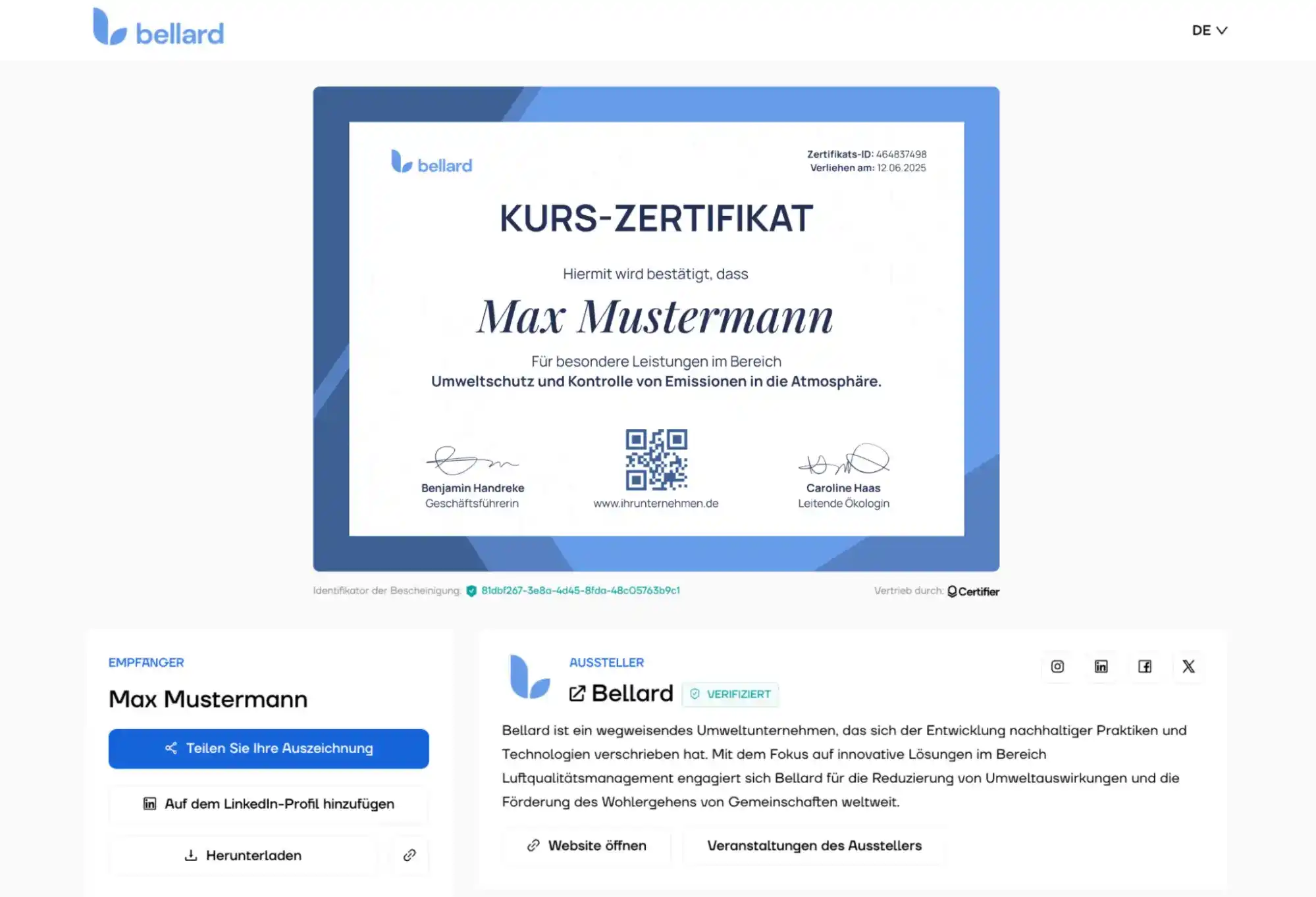 Zugangsportal für Empfänger, um digitale Nachweise sicher herunterzuladen und zu teilen.