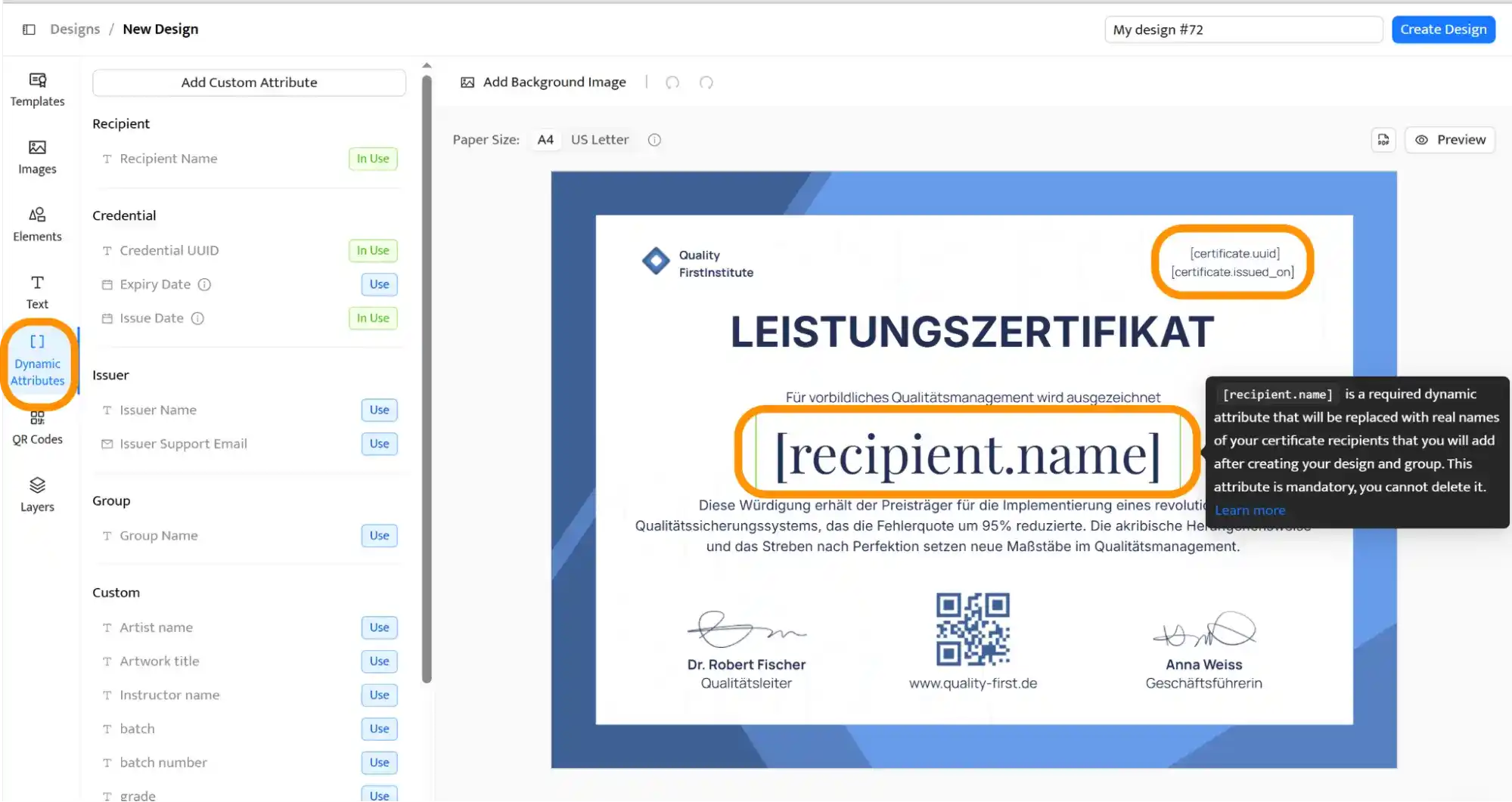 Editor-Ansicht zur Erstellung digitaler Nachweise mit dynamischen Platzhaltern für Namen und Ausstellungsdaten.