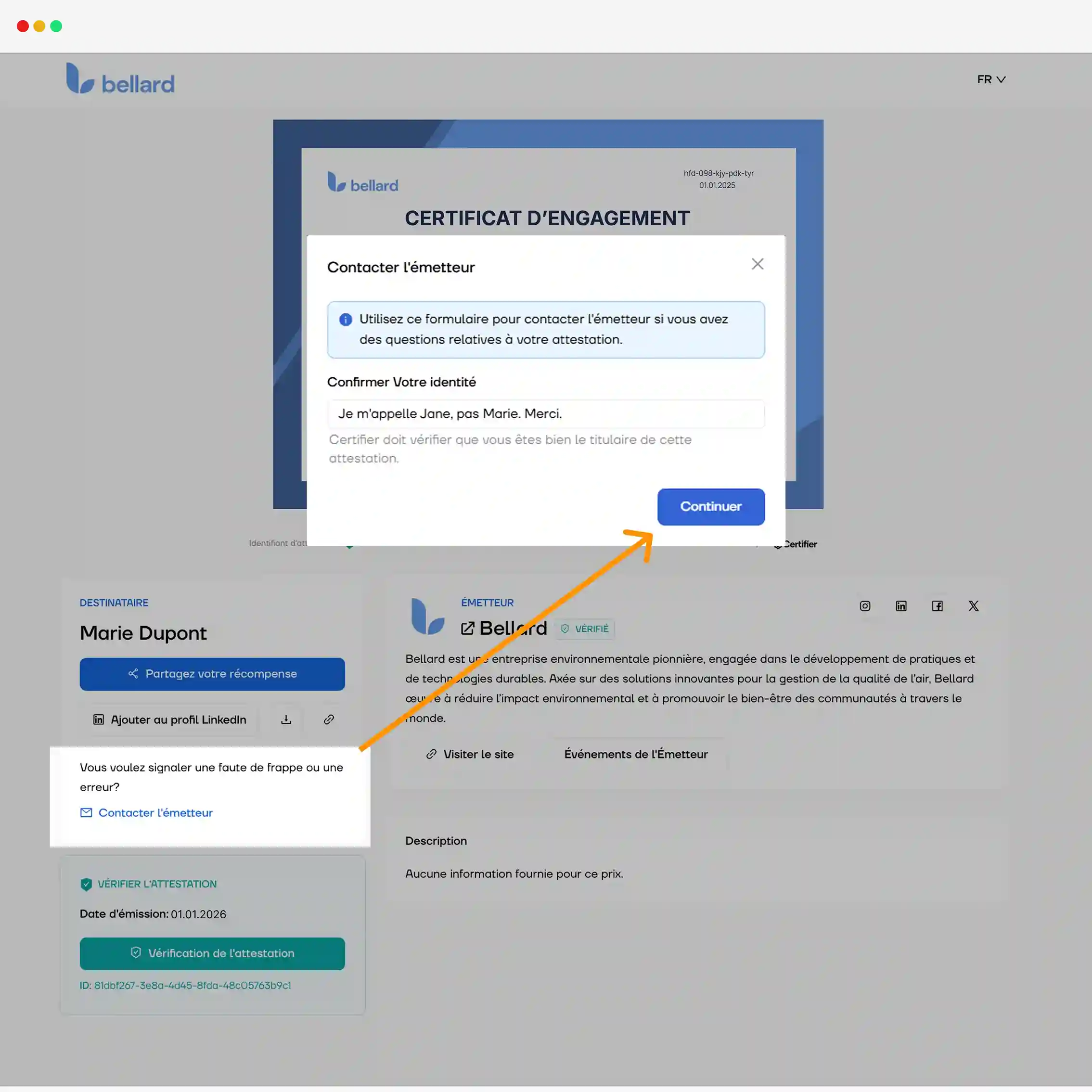 Kontaktformular in einem digitalen Nachweis zur Korrektur von Empfängerdaten und Identitätsbestätigung.