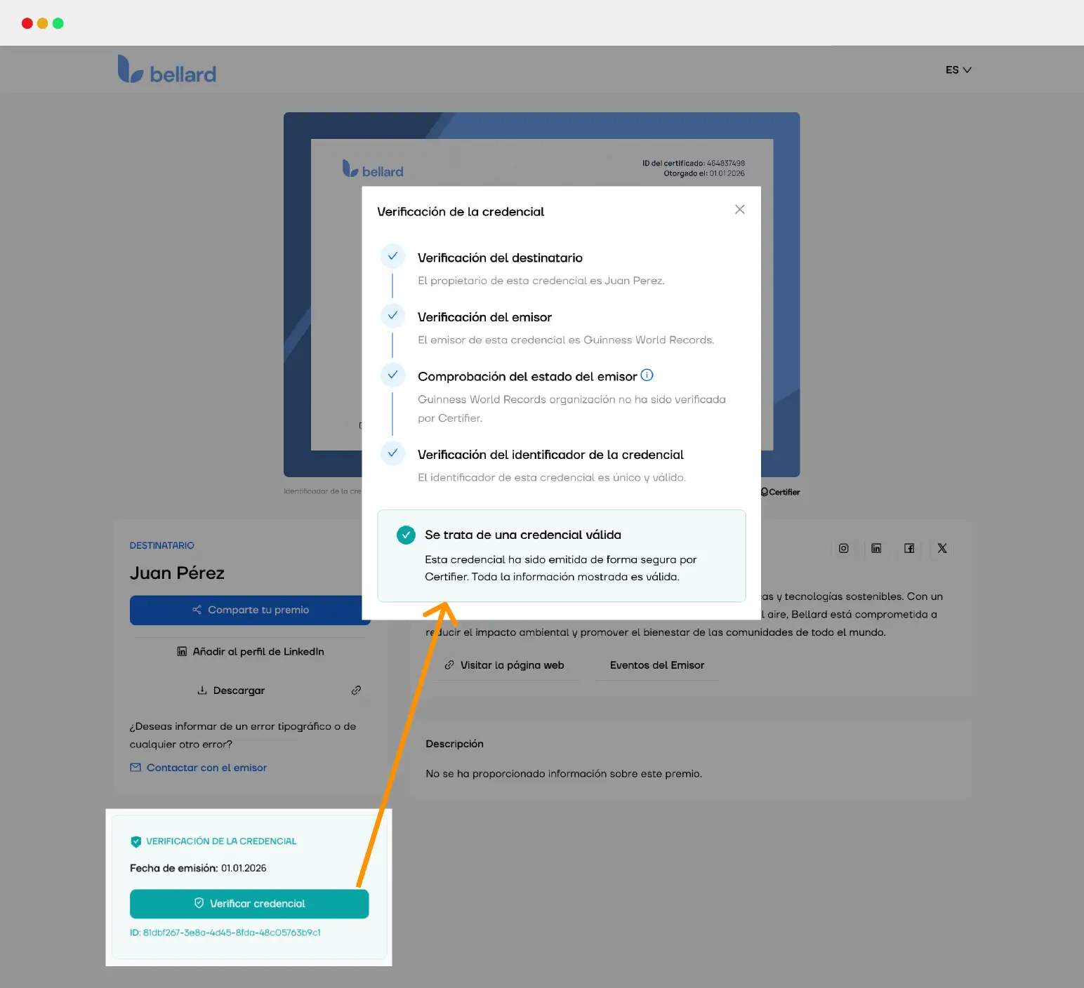 Proceso completo de verificación de una credencial digital, demostrando para qué sirven las credenciales digitales al validar la identidad del emisor y del destinatario.