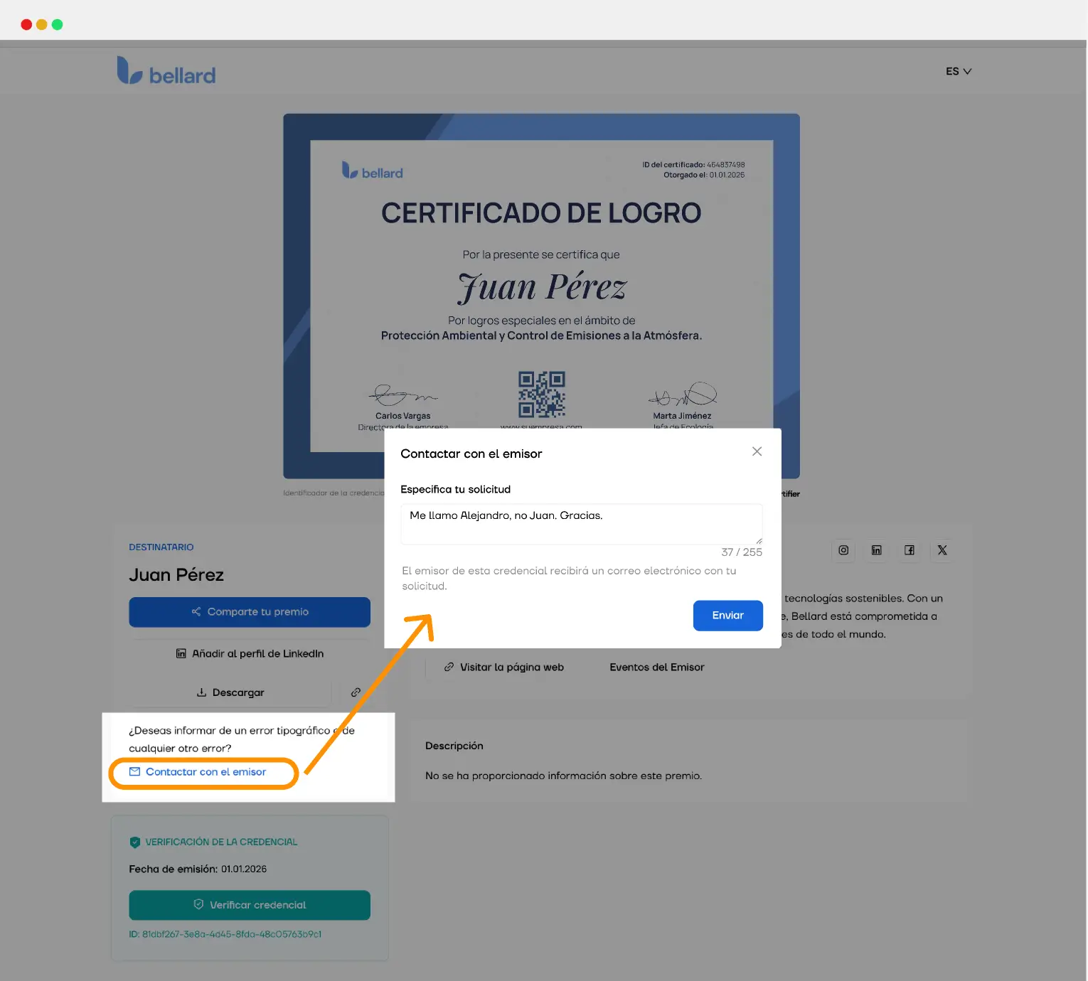 Pantalla para contactar al emisor y corregir errores en una credencial digital, un ejemplo de qué son las credenciales digitales con opciones de edición post-emisión.