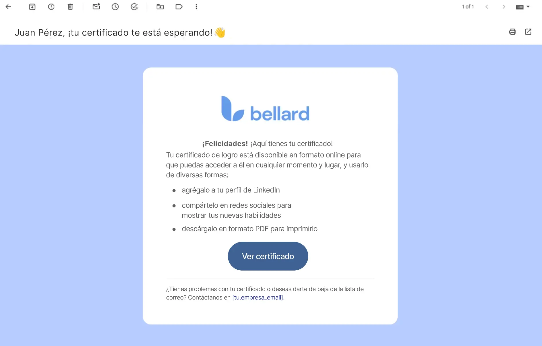 Correo electrónico de notificación que informa al destinatario sobre su certificado digital disponible, ilustrando qué es una credencial digital y cómo acceder a ella fácilmente.