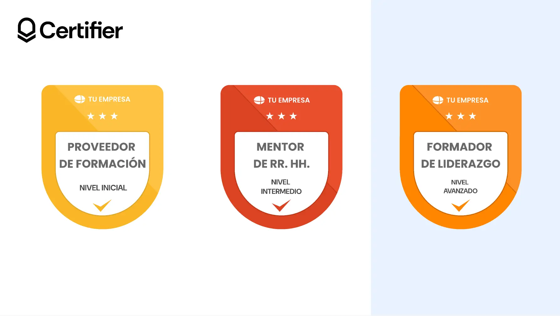 Tres insignias digitales de Certifier para distintos niveles de formación, un ejemplo visual perfecto de credenciales digitales ejemplos utilizadas para certificar logros profesionales.