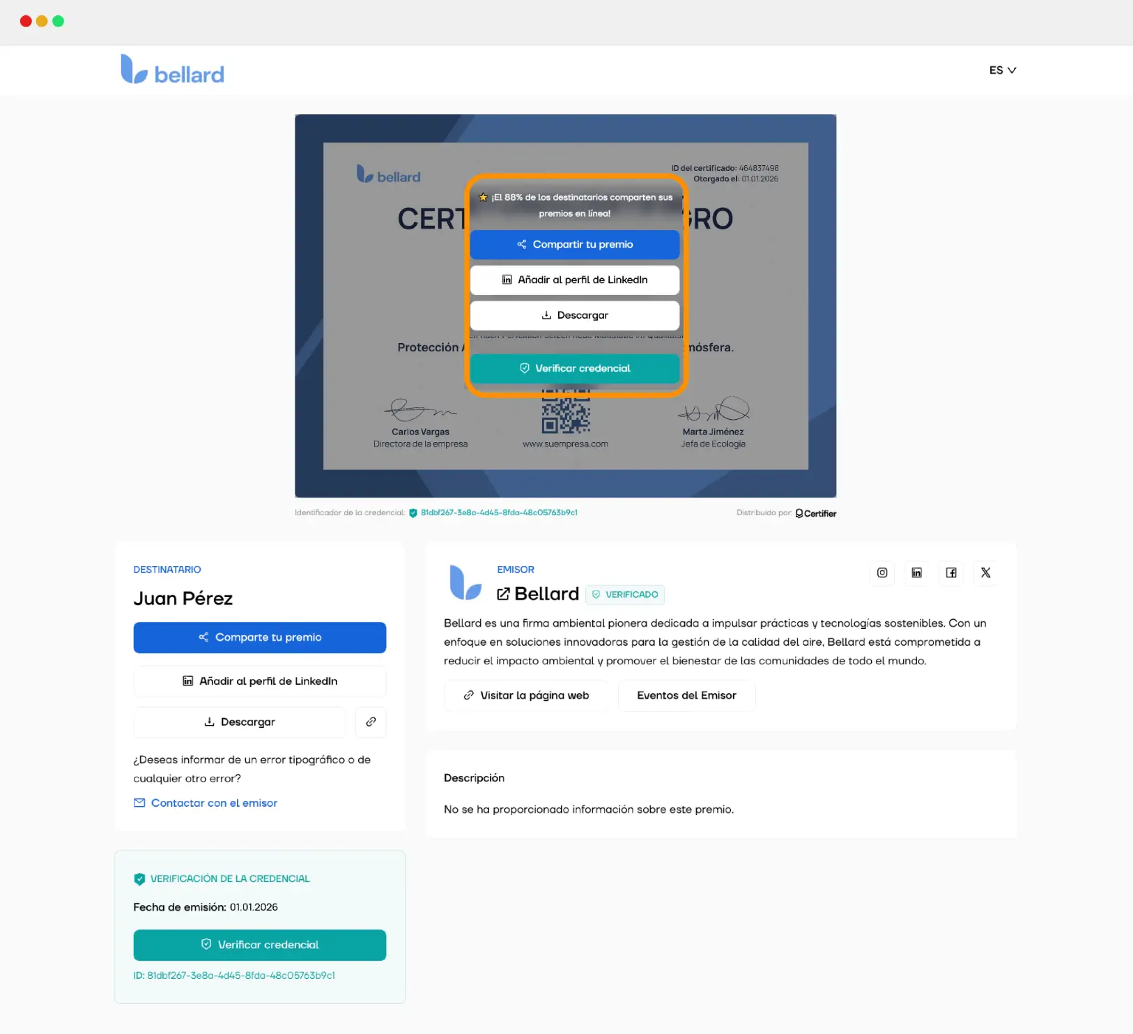 Pantalla de una credencial digital con opciones para compartir en redes, agregar a LinkedIn o descargar, ilustrando para qué sirven las credenciales digitales en la vida profesional.