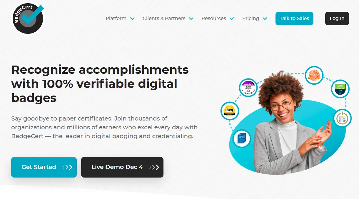 BadgeCert homepage— a tool for continuing education experiences, skills milestones and micro credentials that support future career moves.