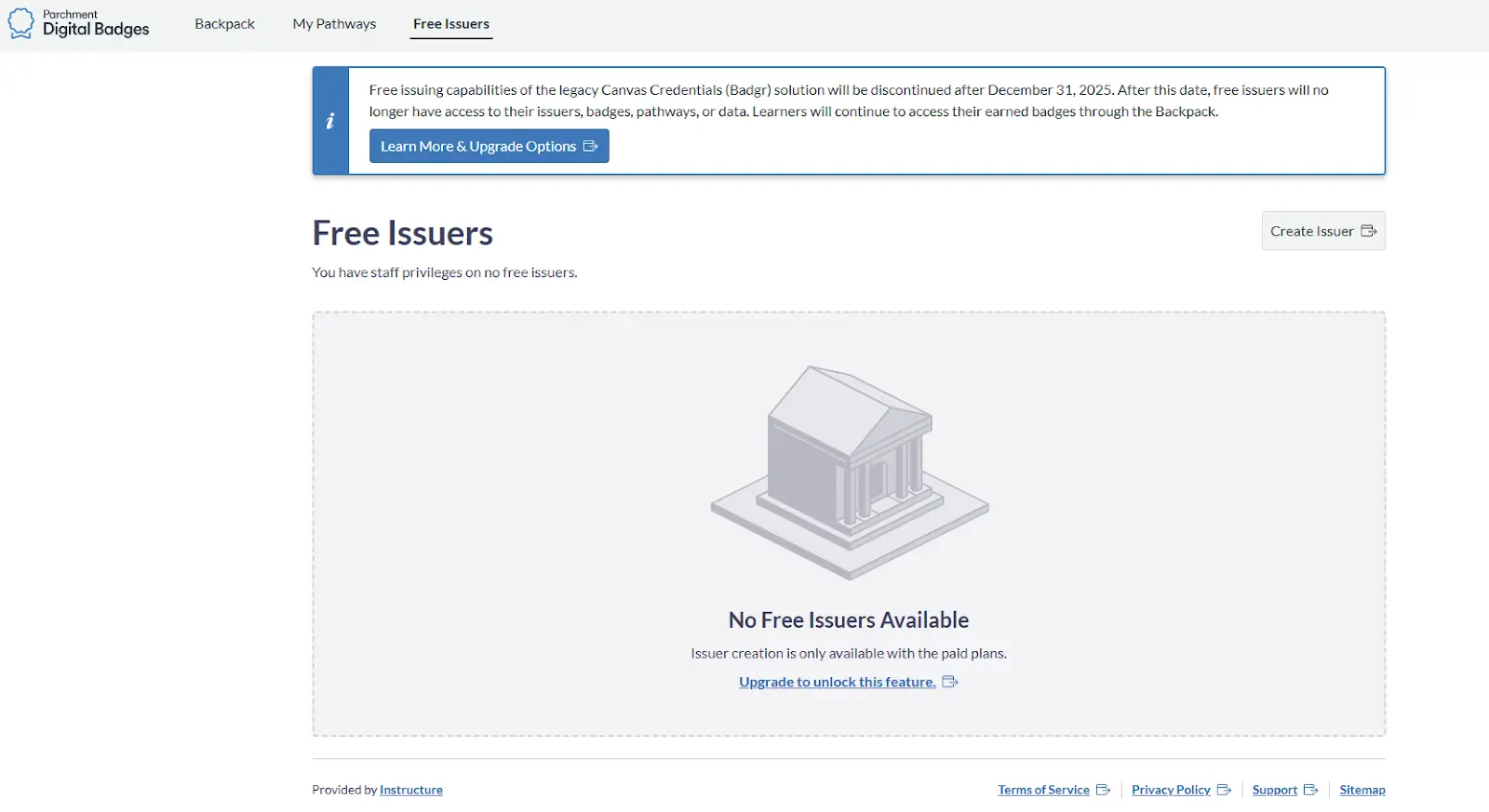 A notice in Parchment Digital Badges explaining that free issuers are no longer supported, highlighting Canvas Badges pricing changes and the shift away from free issuing. A notice in Parchment Digital Badges explaining that free issuers are no longer supported, highlighting Canvas Badges pricing changes and the shift away from free issuing.