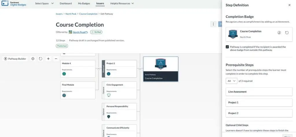 Pathway builder interface in Parchment Badges displaying course completion steps and badge requirements. Pathway builder interface in Parchment Badges displaying course completion steps and badge requirements.