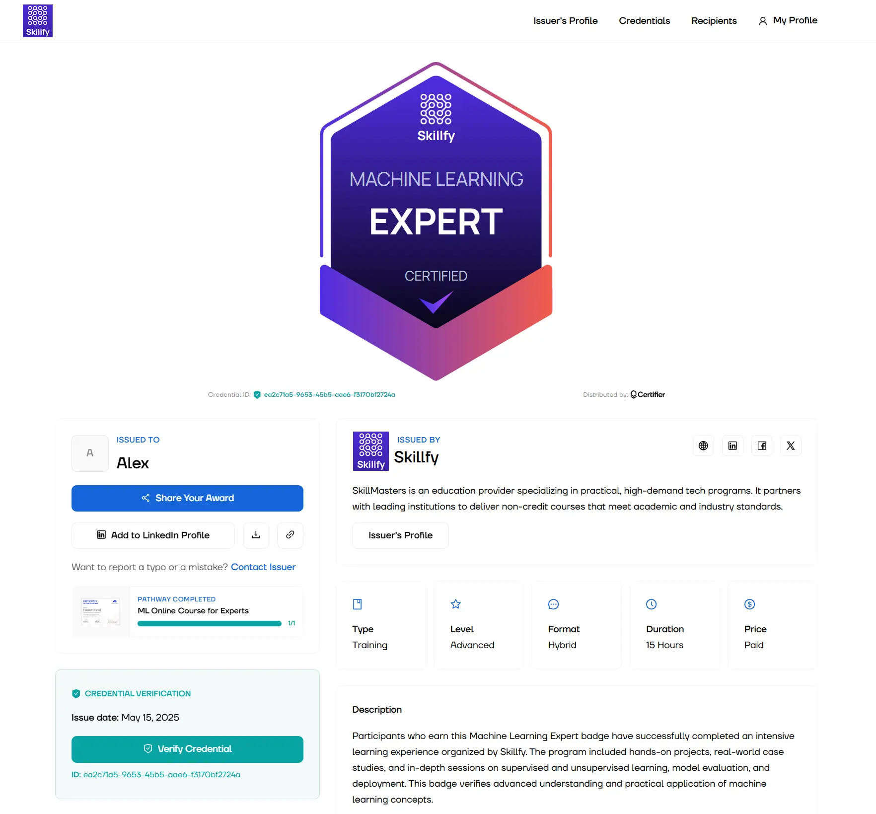 Credential view page comparing a Certifier-issued digital badge to parchment digital badges, showing badge details, issuer info and verification options. Credential view page comparing a Certifier-issued digital badge to parchment digital badges, showing badge details, issuer info and verification options.