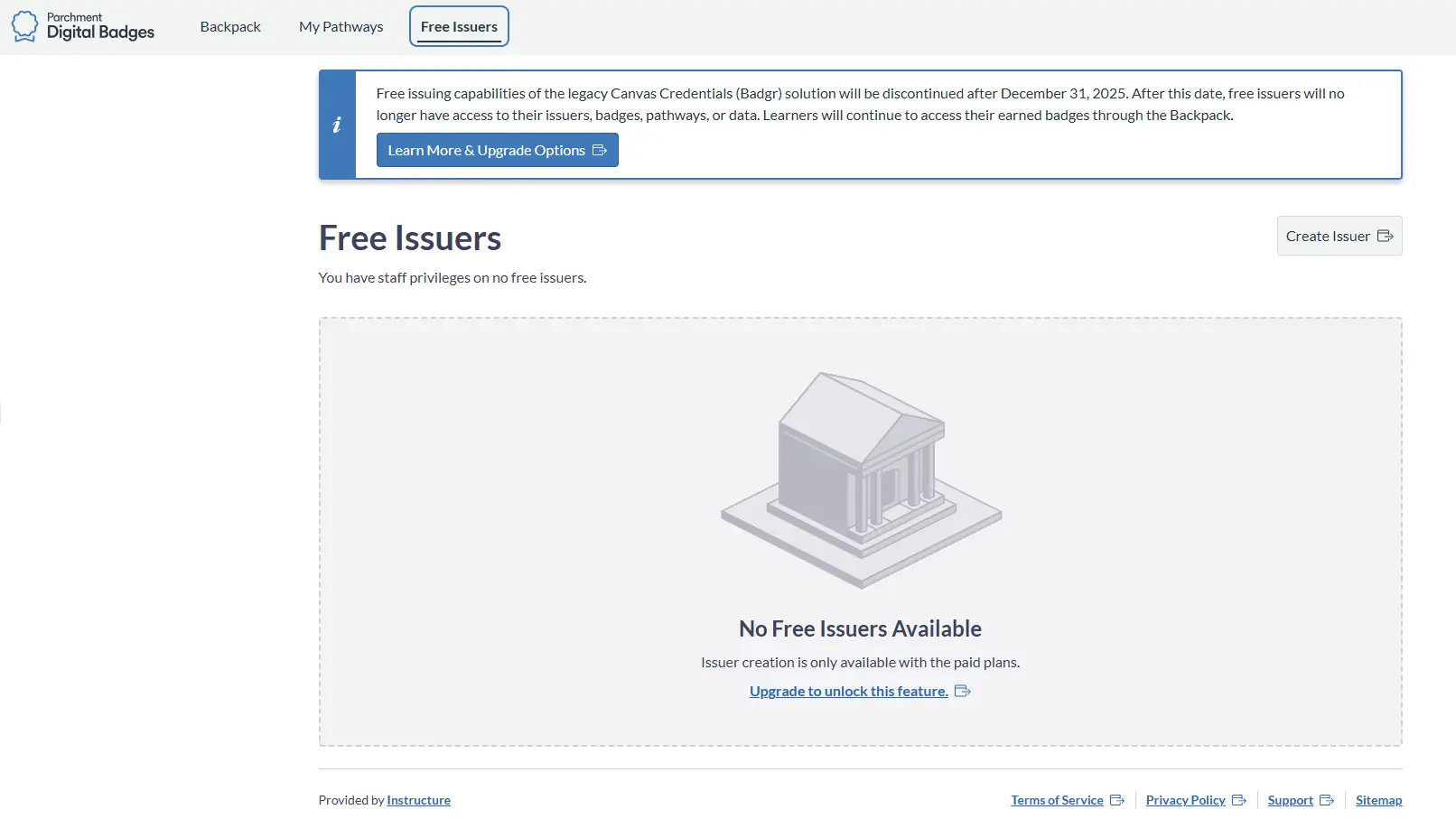 Dashboard view of Parchment Digital Badges showing the Free Issuers page with a notice about discontinuing free issuing in Parchment Badges Canvas. Dashboard view of Parchment Digital Badges showing the Free Issuers page with a notice about discontinuing free issuing in Parchment Badges Canvas.