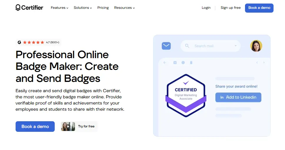 Certifier’s badge maker homepage used as a visual comparison for users evaluating Badgr Badges pricing and exploring alternatives to Badgr digital Badges. Certifier’s badge maker homepage used as a visual comparison for users evaluating Badgr Badges pricing and exploring alternatives to Badgr digital Badges.