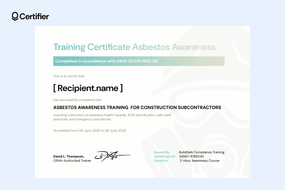 Smart asbestos awareness certificate template with gradient header, clean layout and OSHA compliance details. Smart asbestos awareness certificate template with gradient header, clean layout and OSHA compliance details.