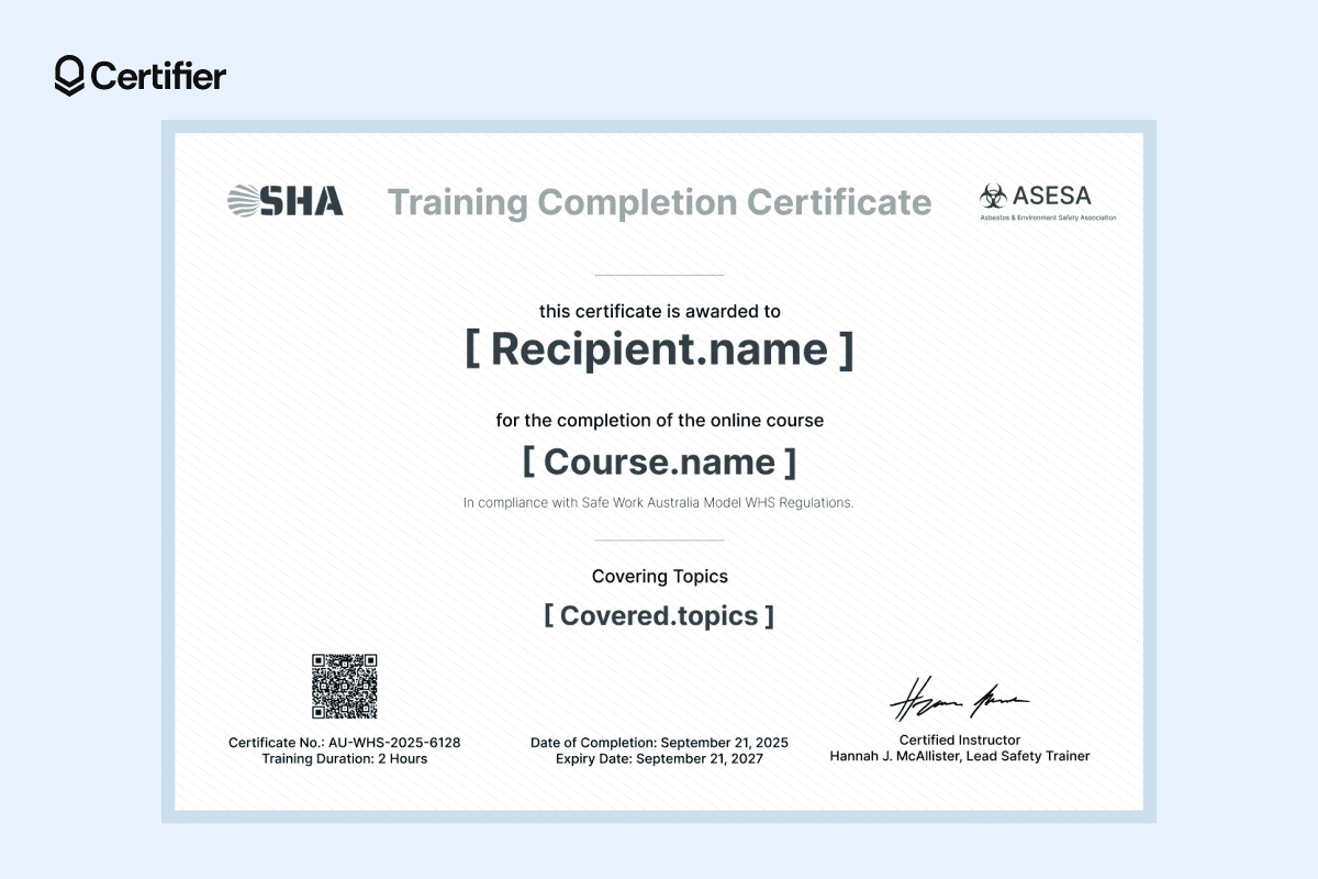 Modern asbestos awareness certificate with minimalist gray design, course details, QR code and trainer signature. Modern asbestos awareness certificate with minimalist gray design, course details, QR code and trainer signature.