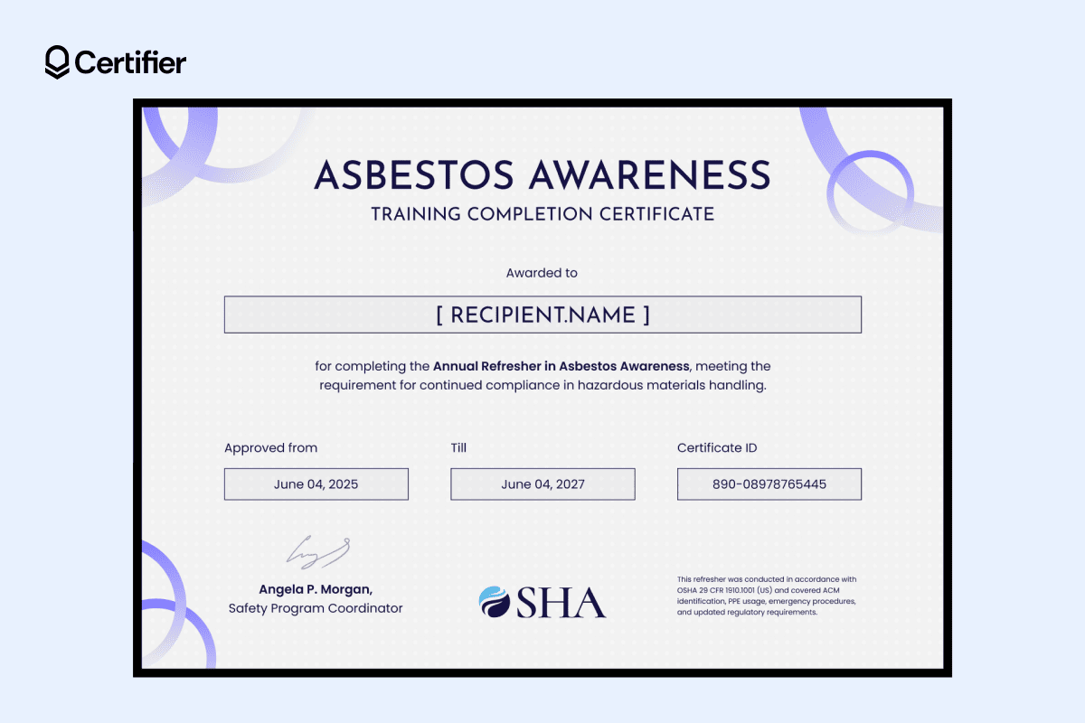 Polished asbestos awareness certificate template with lavender accents, structured layout and editable compliance fields. Polished asbestos awareness certificate template with lavender accents, structured layout and editable compliance fields.