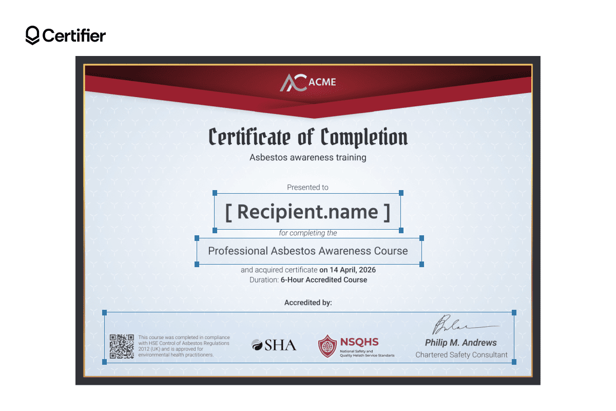 detailed asbestos awareness training certificate template, showcasing dynamic attributes