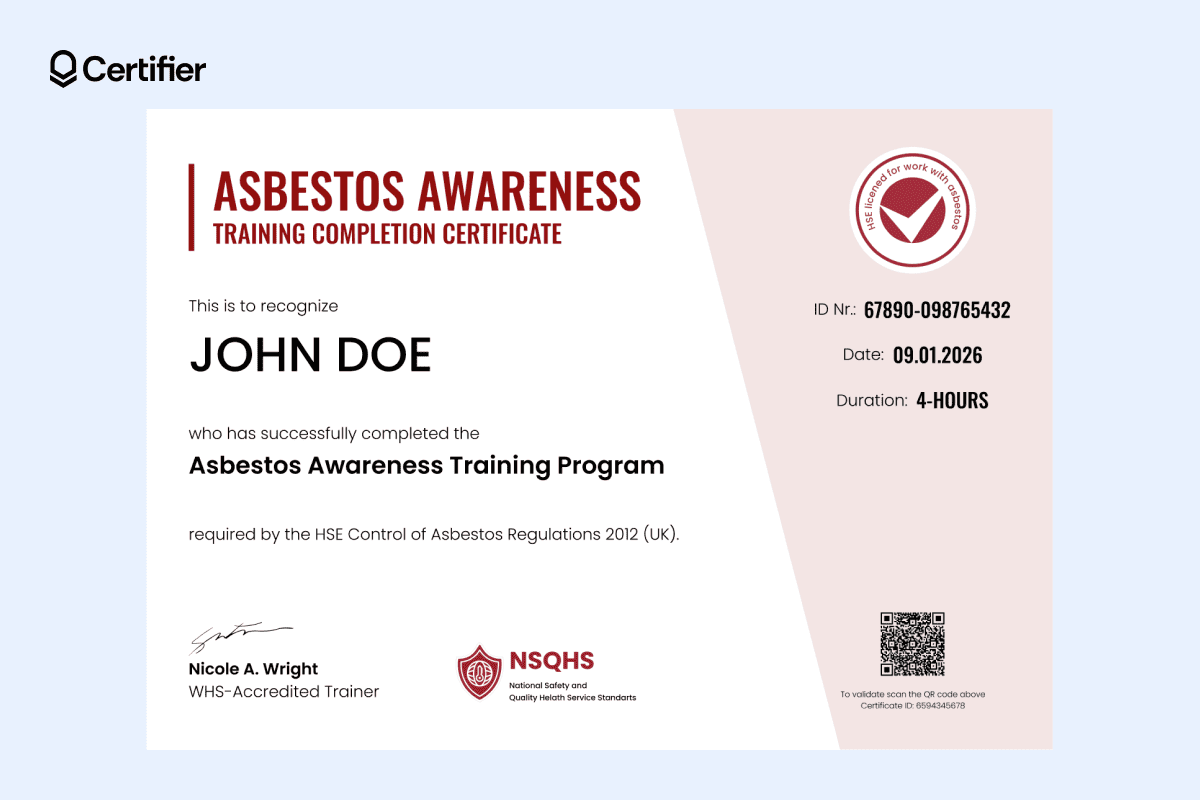 Red asbestos awareness certificate template with bold header and visible compliance details. Red asbestos awareness certificate template with bold header and visible compliance details.
