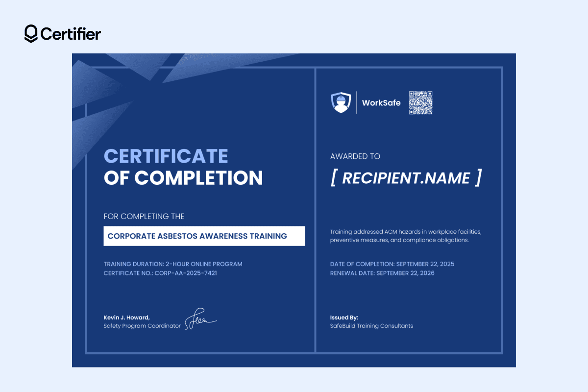 Navy blue asbestos awareness certificate with dual-column layout, corporate design, and verification section. Navy blue asbestos awareness certificate with dual-column layout, corporate design, and verification section.