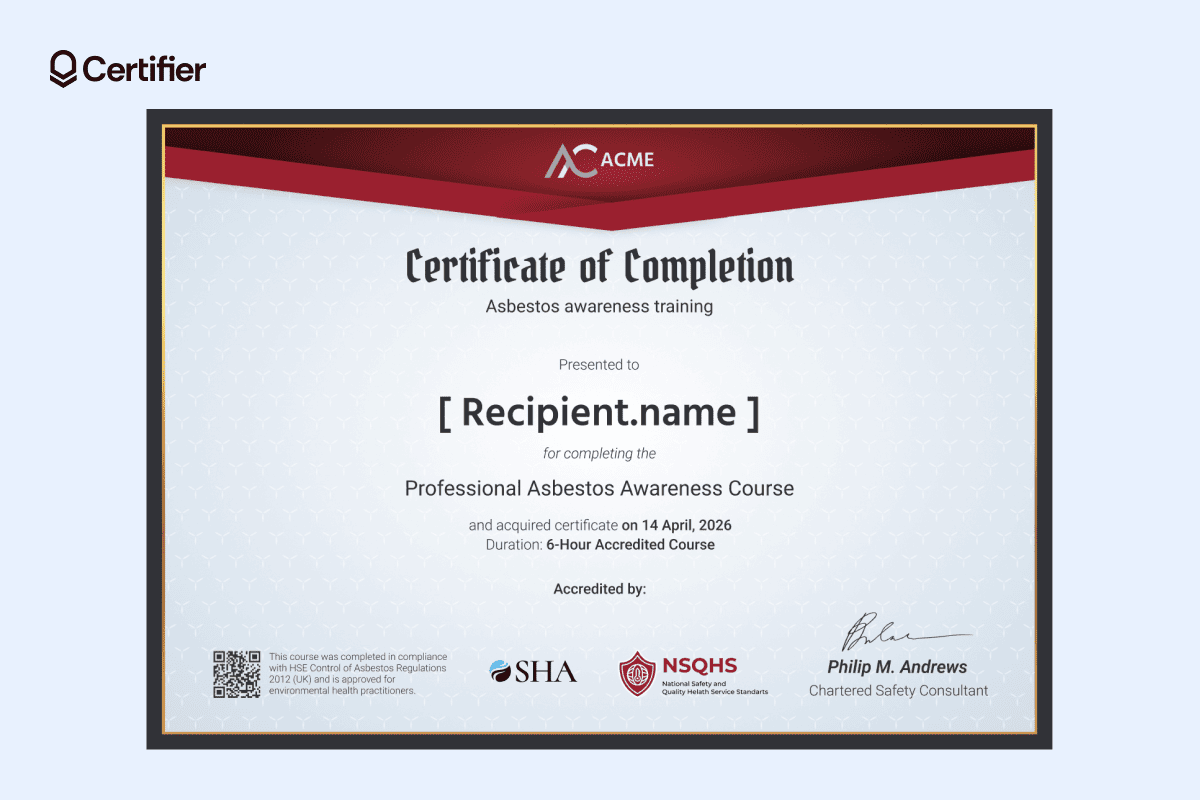 Official asbestos awareness certificate template with red header, gray background and structured modern layout Official asbestos awareness certificate template with red header, gray background and structured modern layout