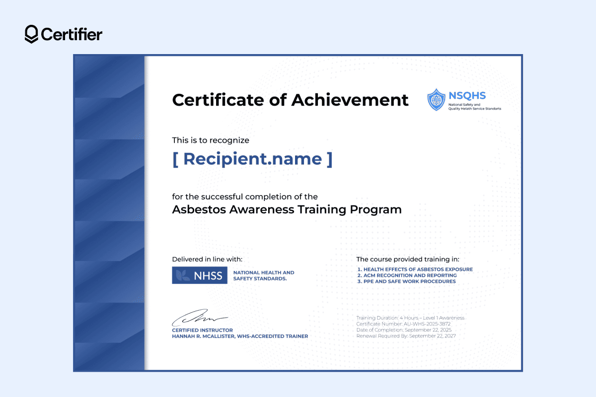 Clean asbestos awareness certificate PDF with blue sidebar, structured layout and clear course details. Clean asbestos awareness certificate PDF with blue sidebar, structured layout and clear course details.
