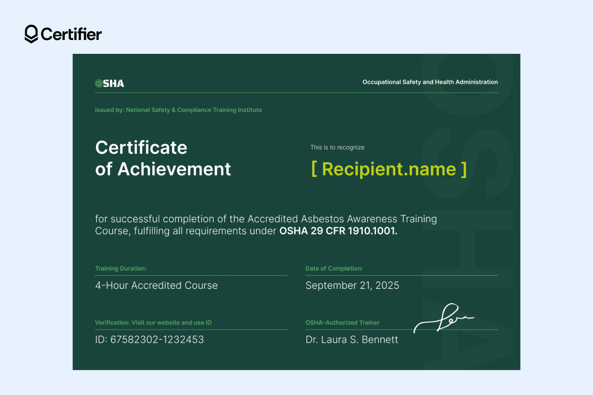 Emerald asbestos awareness certificate template with green background, clear layout and professional typography Emerald asbestos awareness certificate template with green background, clear layout and professional typography