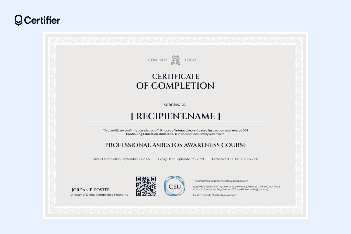 Professional asbestos awareness training certificate template with beige border, completion title, QR code and editable course details. Professional asbestos awareness training certificate template with beige border, completion title, QR code and editable course details.