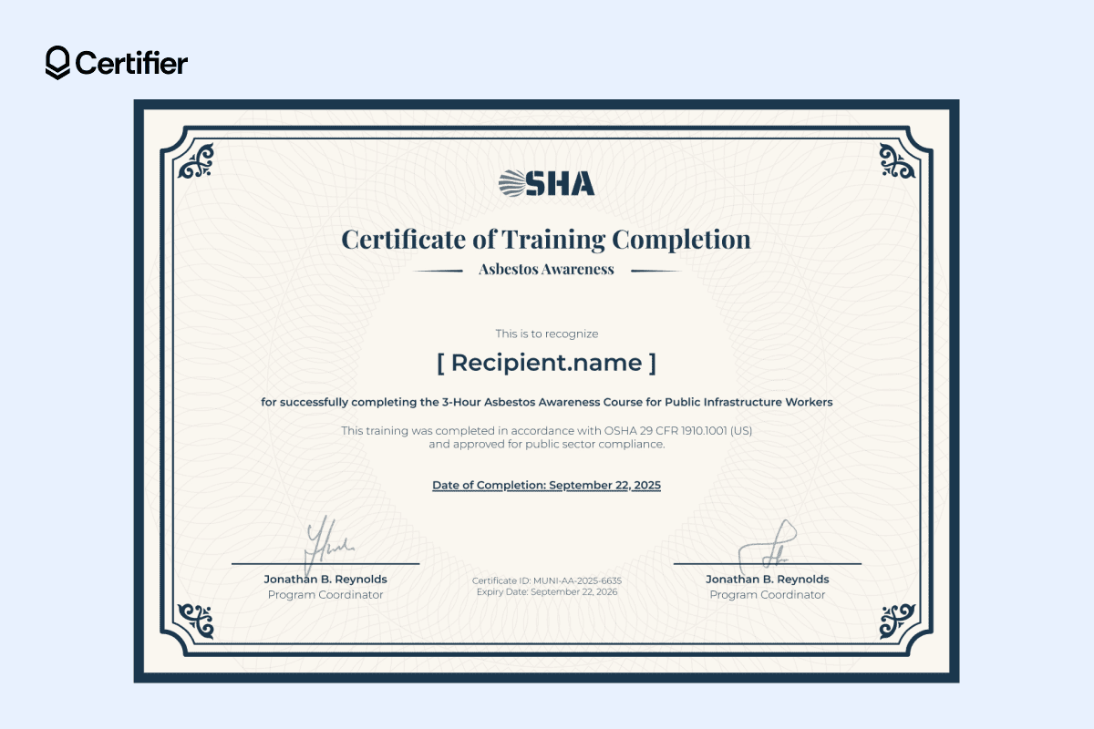 Elegant asbestos awareness certificate with cream background, navy border and refined typography for professional compliance documentation.