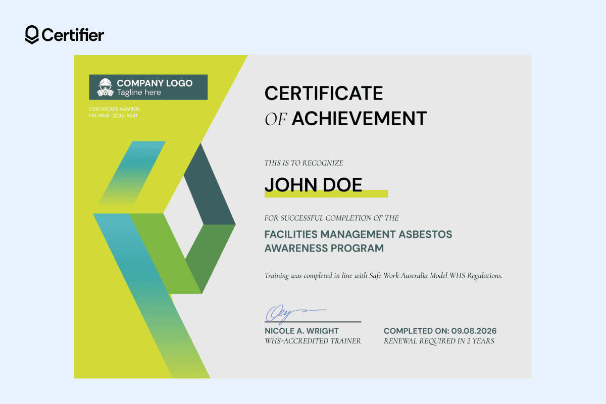 Creative asbestos awareness certificate with geometric design, green gradient accents and modern typography. Creative asbestos awareness certificate with geometric design, green gradient accents and modern typography.