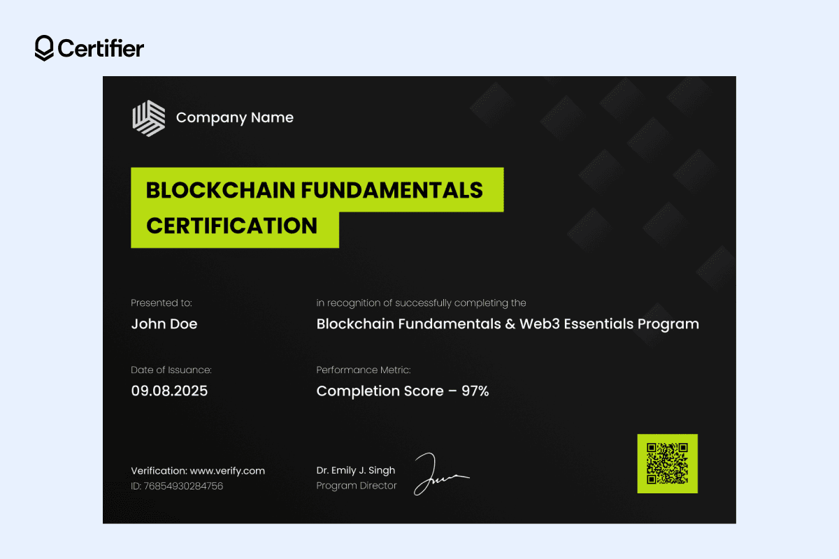 Black and lime-green crypto certificate with geometric background, bold title bar and QR code for instant verification. Black and lime-green crypto certificate with geometric background, bold title bar and QR code for instant verification.