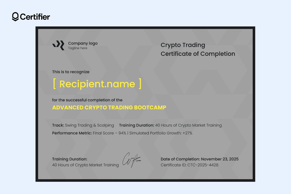 Minimalist crypto trading certificate with soft gray background, subtle geometric pattern and bold yellow highlights for key details. Minimalist crypto trading certificate with soft gray background, subtle geometric pattern and bold yellow highlights for key details.