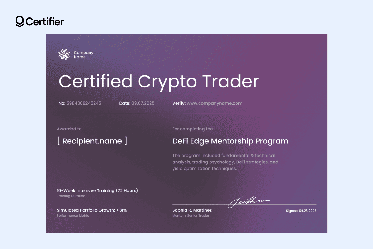 Sleek certificate of trading with a deep purple gradient, minimalist typography and a clean layout emphasizing achievement and credibility. Sleek certificate of trading with a deep purple gradient, minimalist typography and a clean layout emphasizing achievement and credibility.