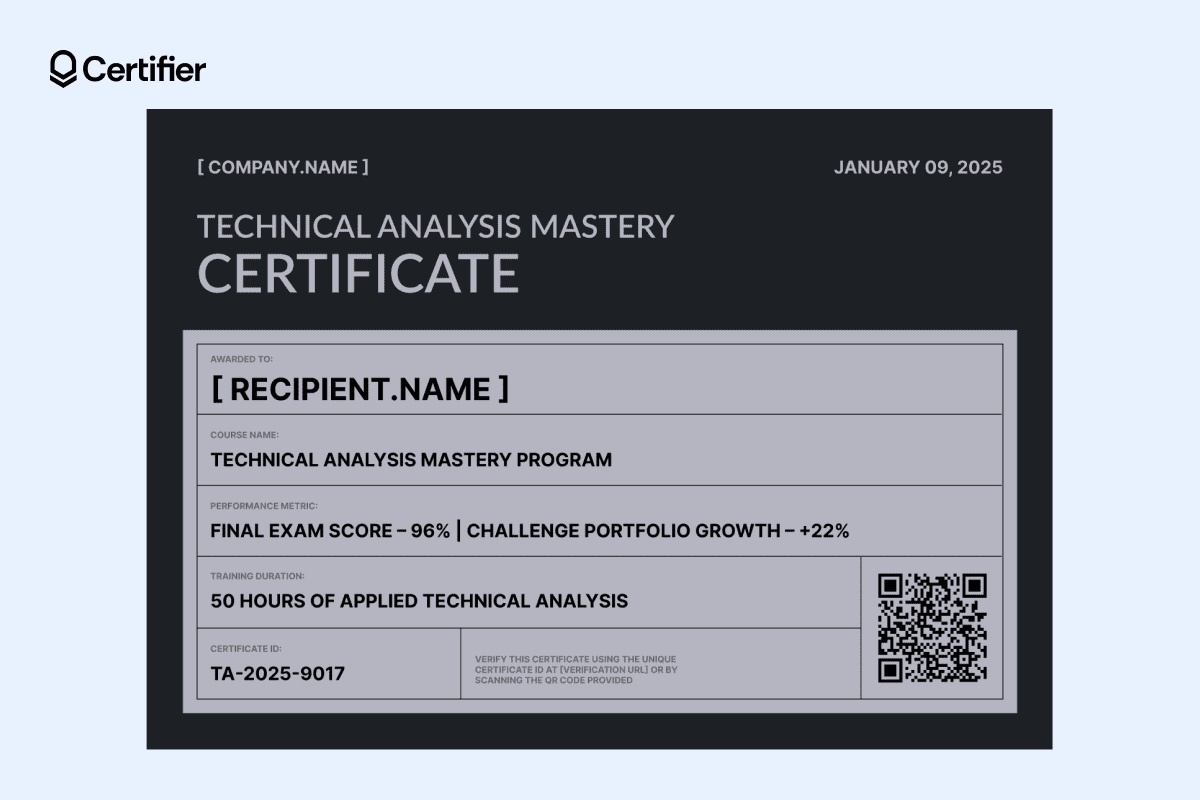 Dark-gray crypto certificate with a structured layout, grayscale accents and integrated QR code for instant verification. Dark-gray crypto certificate with a structured layout, grayscale accents and integrated QR code for instant verification.