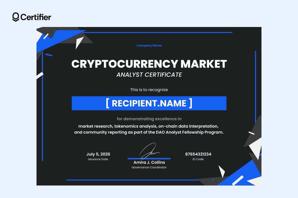 Dark crypto certificate accented with vivid blue geometric shapes, dynamic layout and bold typography for a creative yet professional finish. Dark crypto certificate accented with vivid blue geometric shapes, dynamic layout and bold typography for a creative yet professional finish.