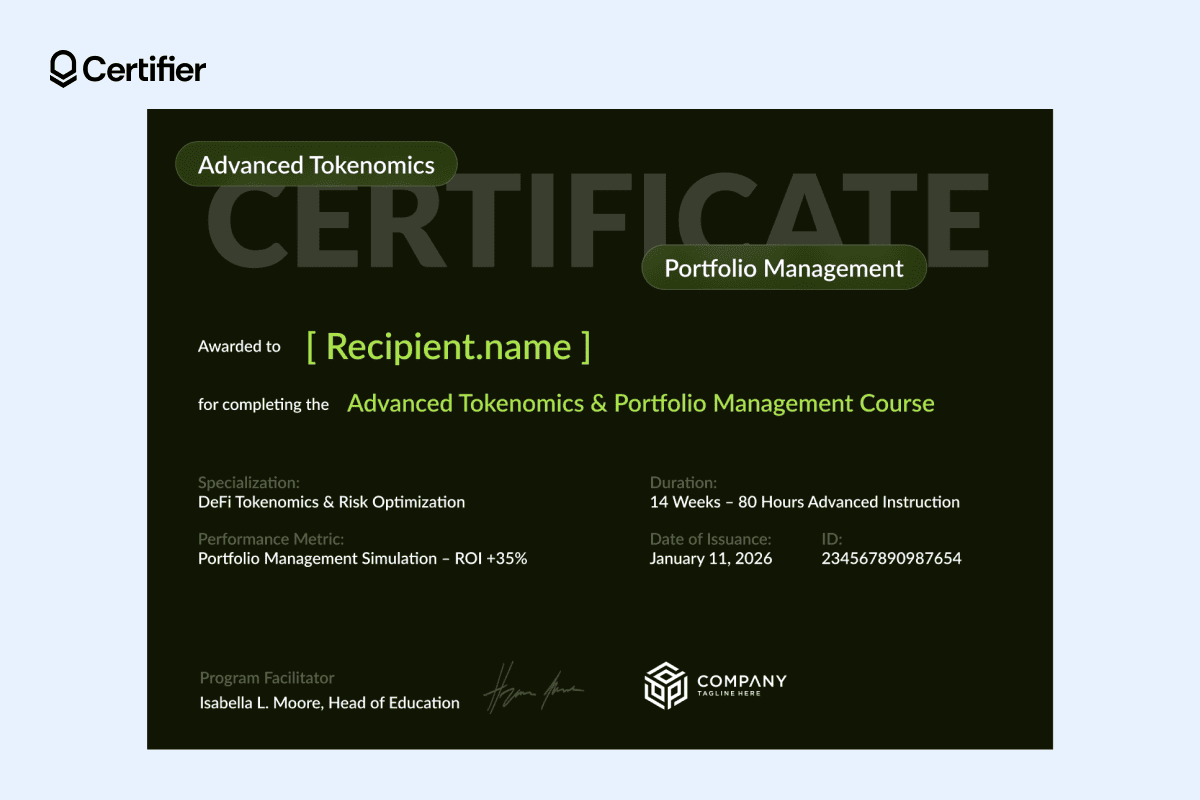 Refined crypto trading certificate with a dark-green base, minimalist typography and structured panels that project authority and trust. Refined crypto trading certificate with a dark-green base, minimalist typography and structured panels that project authority and trust.